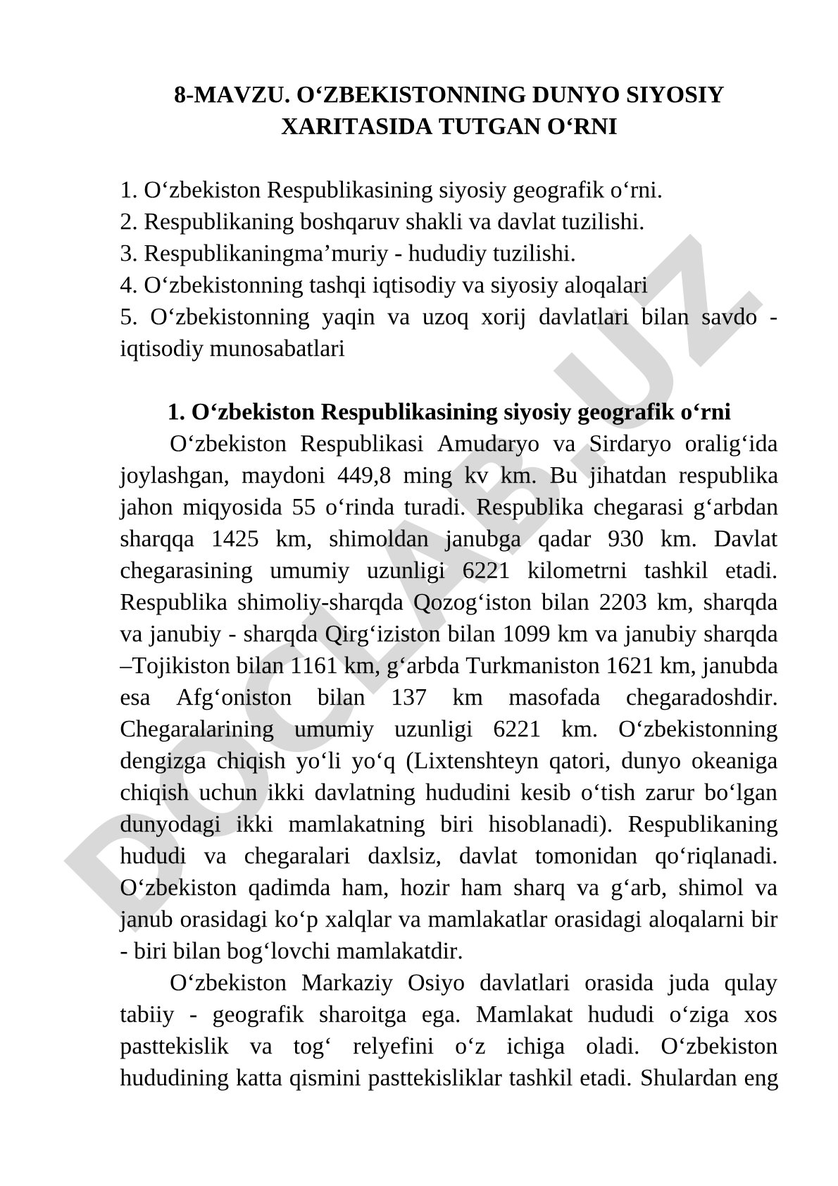 O‘ZBEKISTONNING DUNYO SIYOSIY XARITASIDA TUTGAN O‘RNI