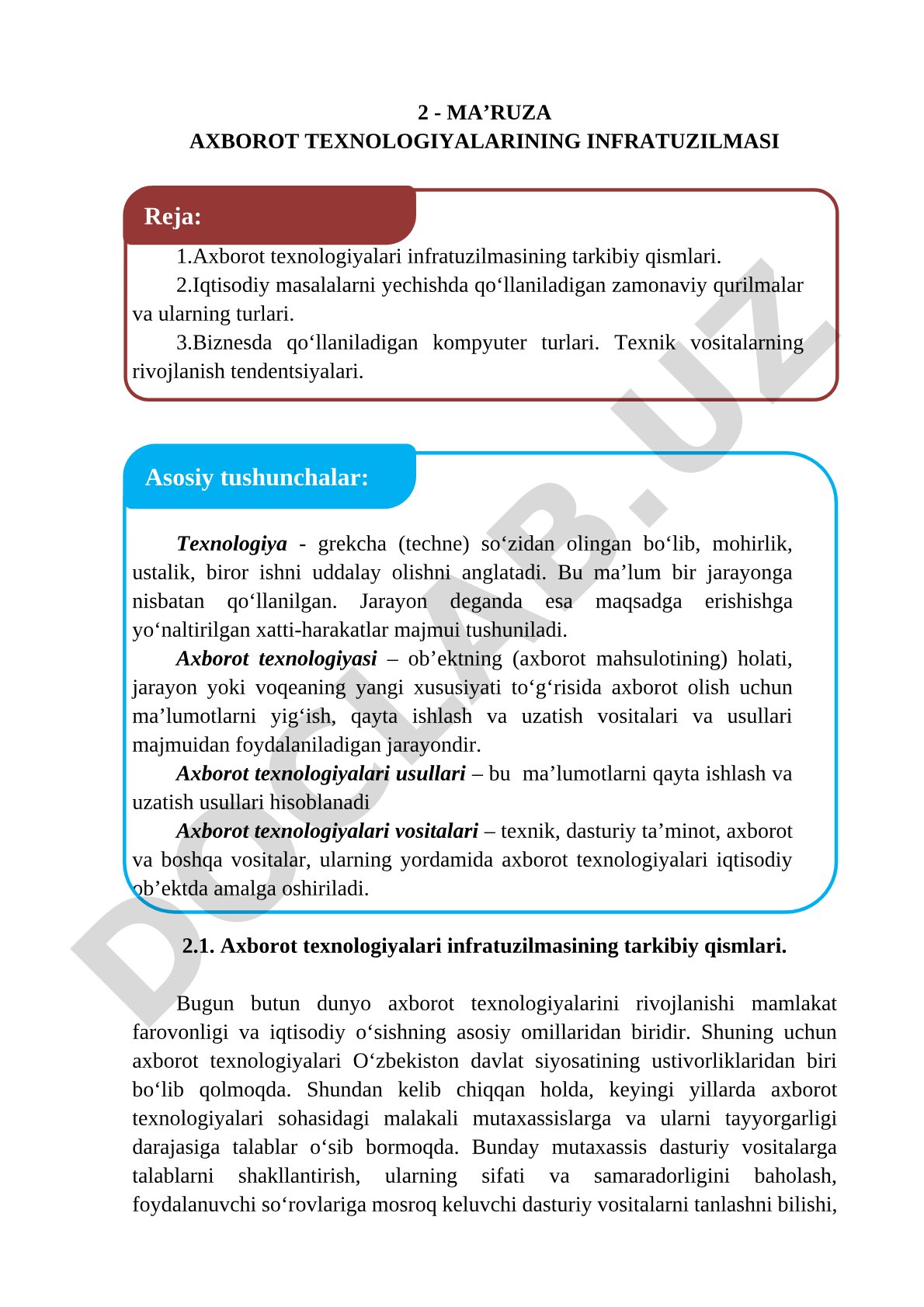 Axborot texnologiyalari infratuzilmasi tarkibi va biznesda qo'llaniladigan kompyuter