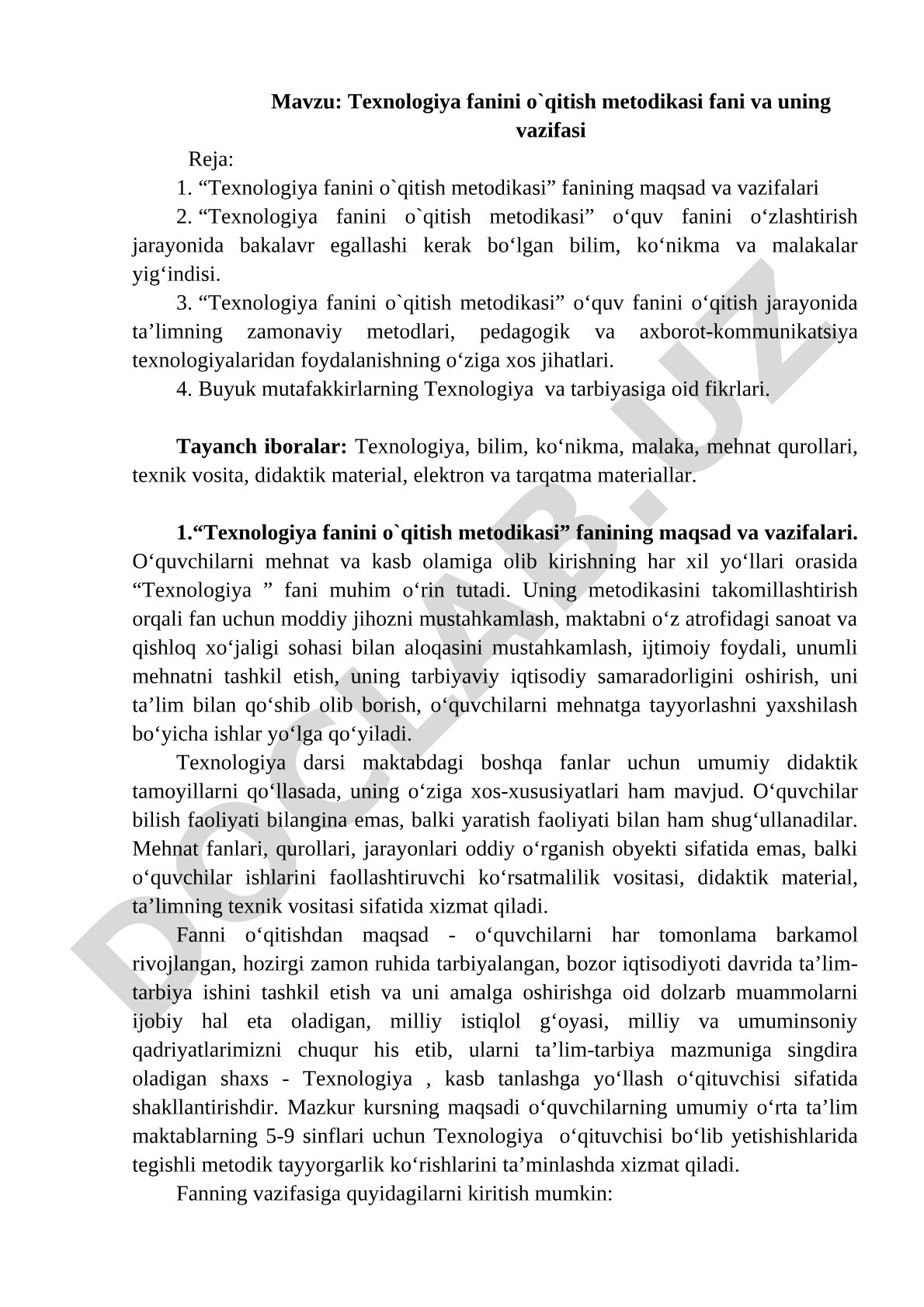 Texnologiya fanini o'qitish metodikasi fani va uning vazifasi