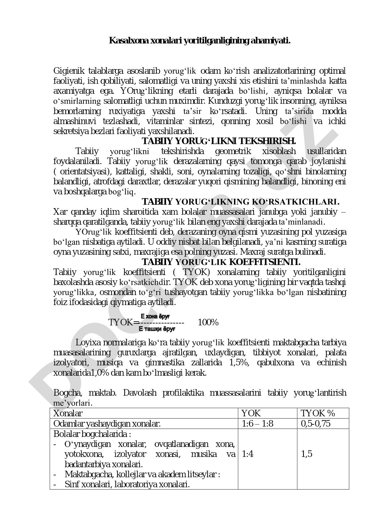 Kasalxona xonalari yoritilganligining ahamiyati