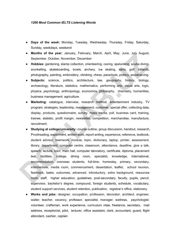 IELTS tinglov testi uchun eng ko'p ishlatiladigan so'zlar