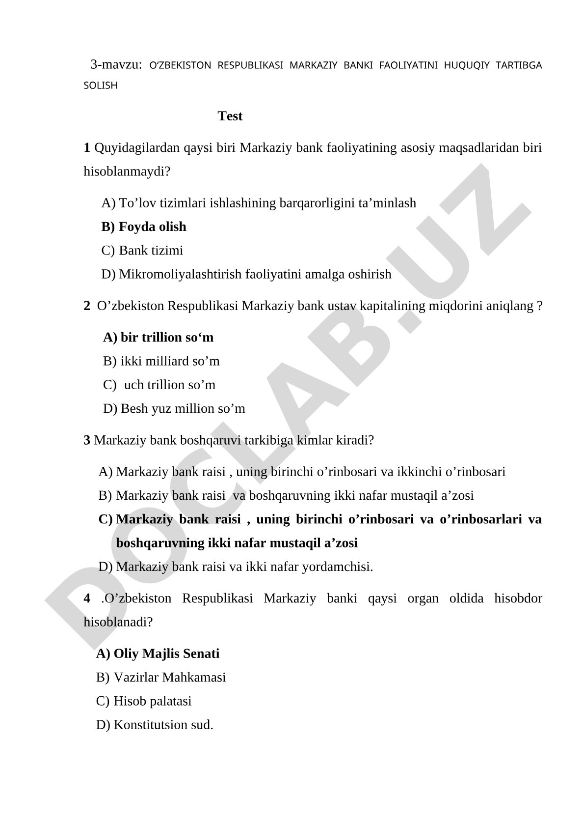 O‘zbekiston Respublikasi Markaziy banki faoliyatini huquqiy tartibga solish