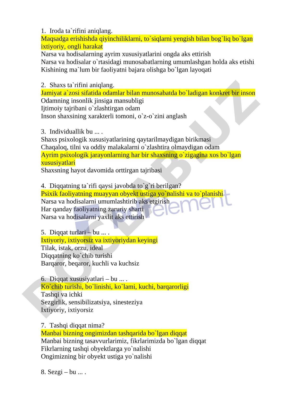 Psixologiya fanidan test savollari