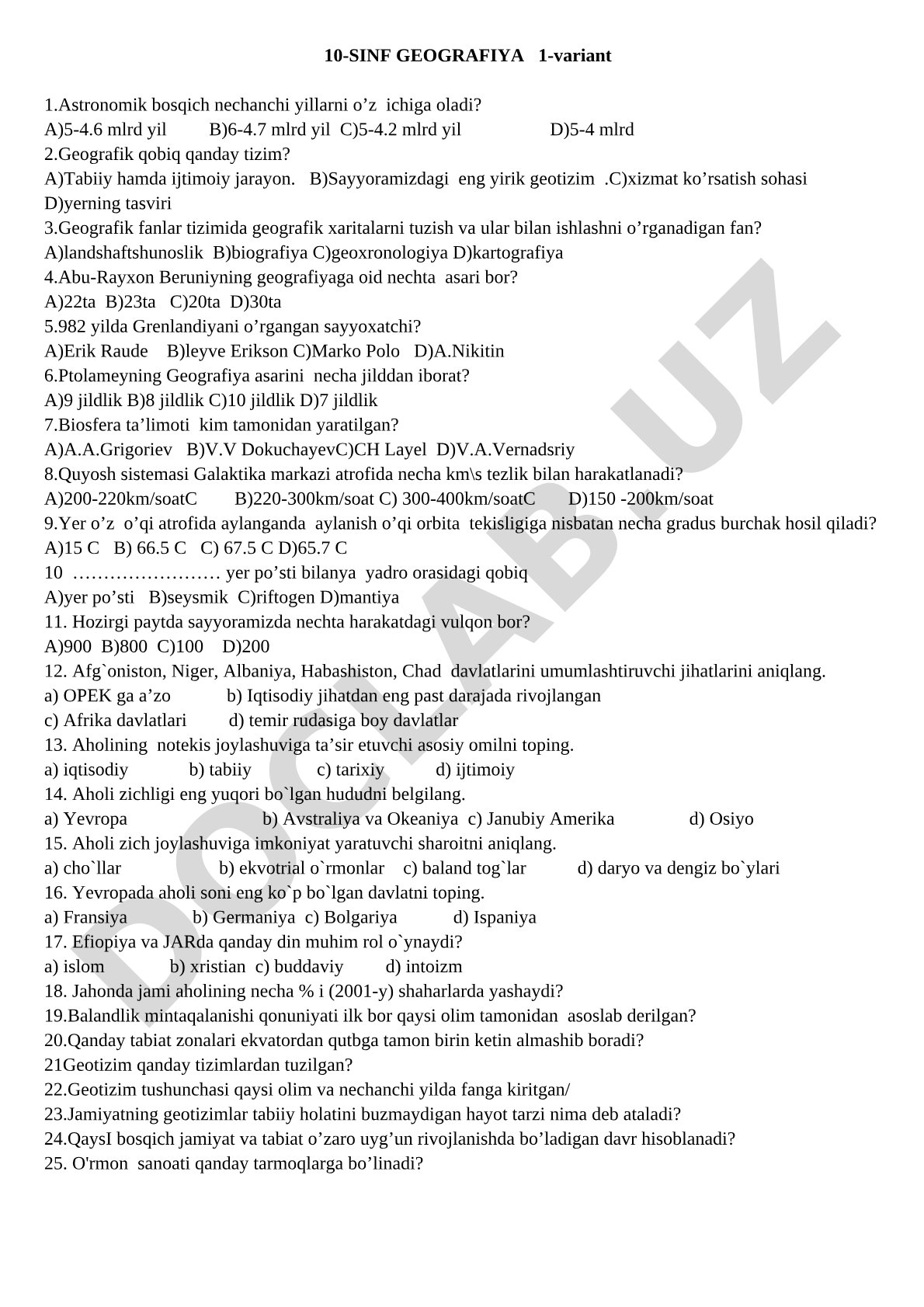 10-sinf geografiya 1-variant test savollari