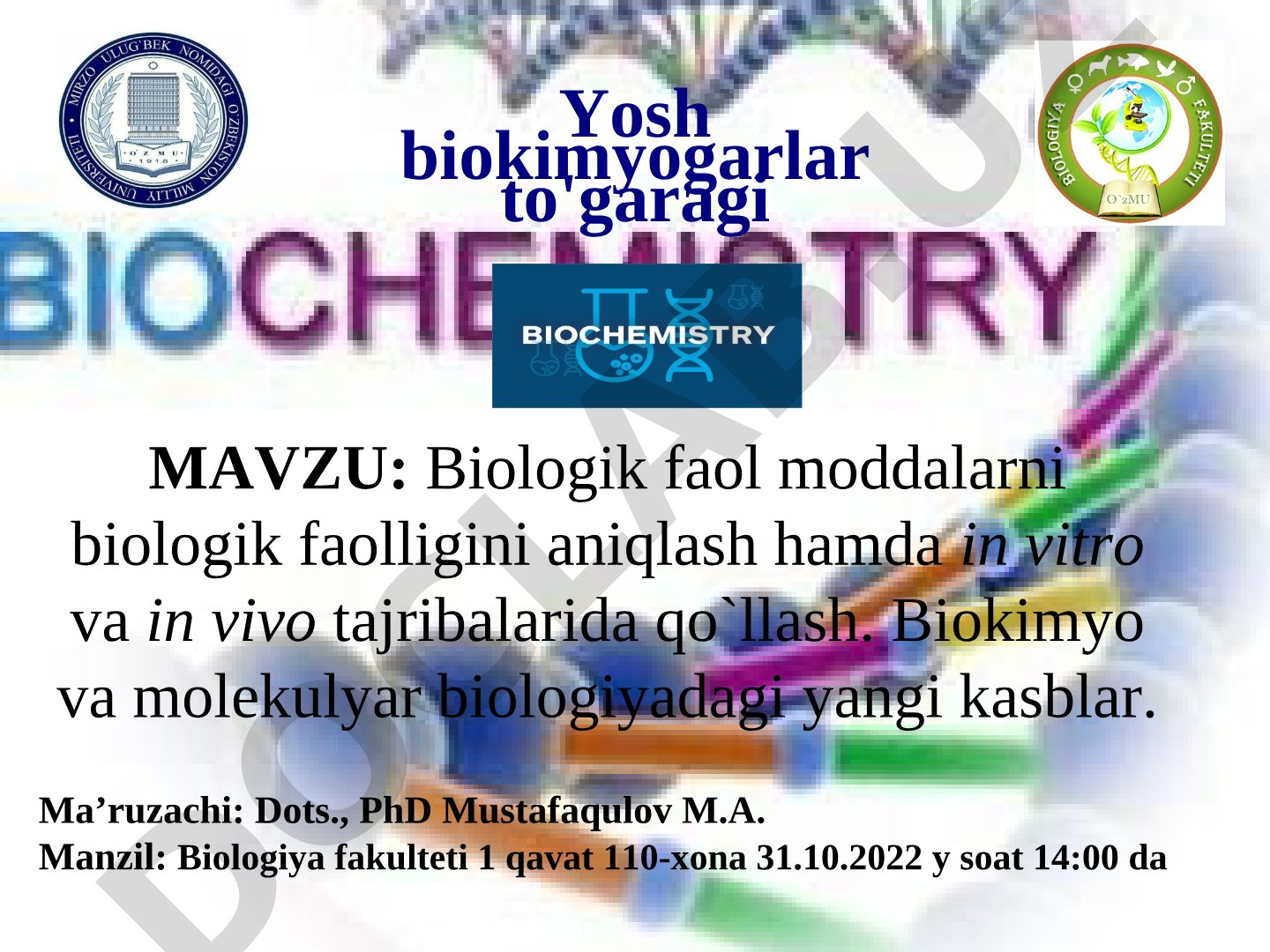 Biologik faol moddalarni biologik faolligini aniqlash hamda in vitro va in vivo tajribalarida qo`llash