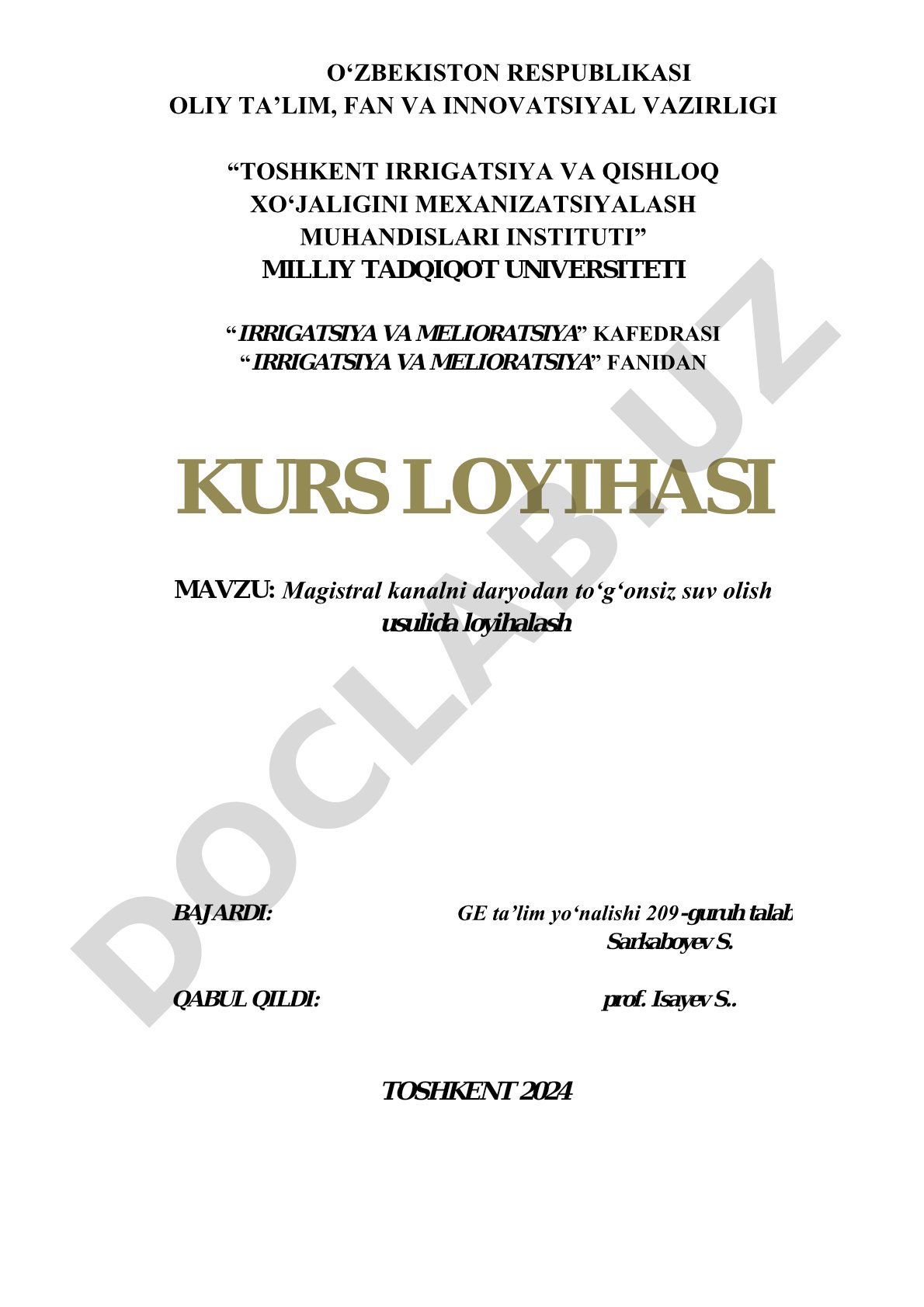 Magistral kanalni daryodan toʻgʻonsiz suv olish usulida loyihalash