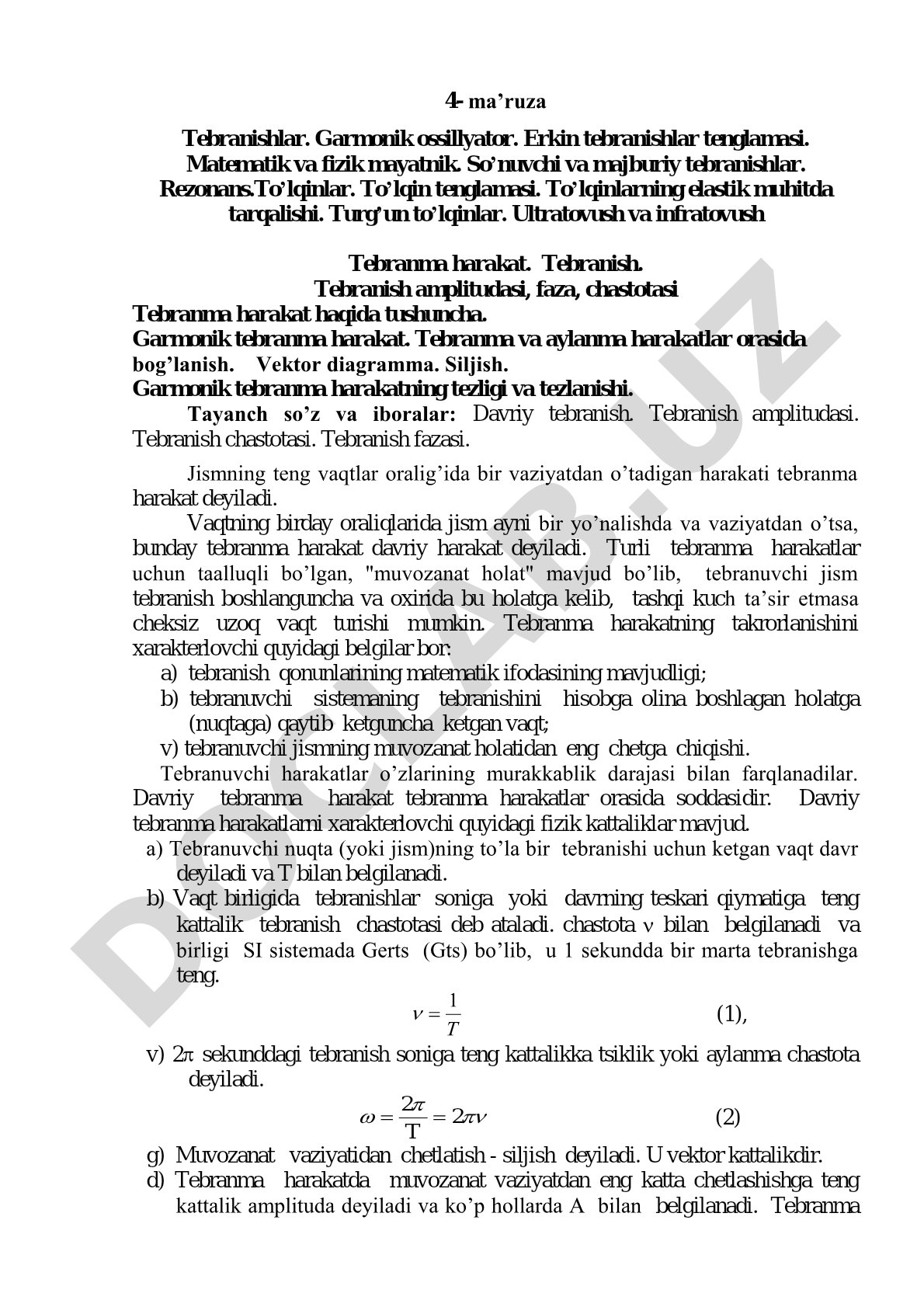 Tebranishlar, garmonik ossillyator, to'lqinlar va rezonans