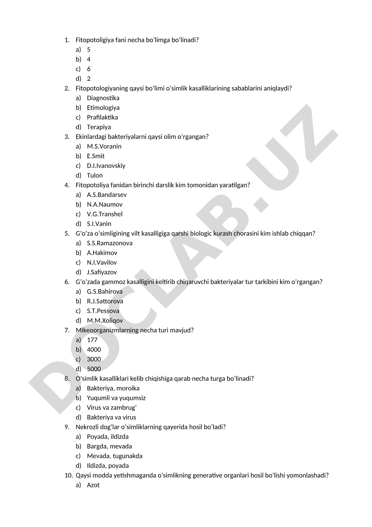 Fitopatologiya fanidan test savollari