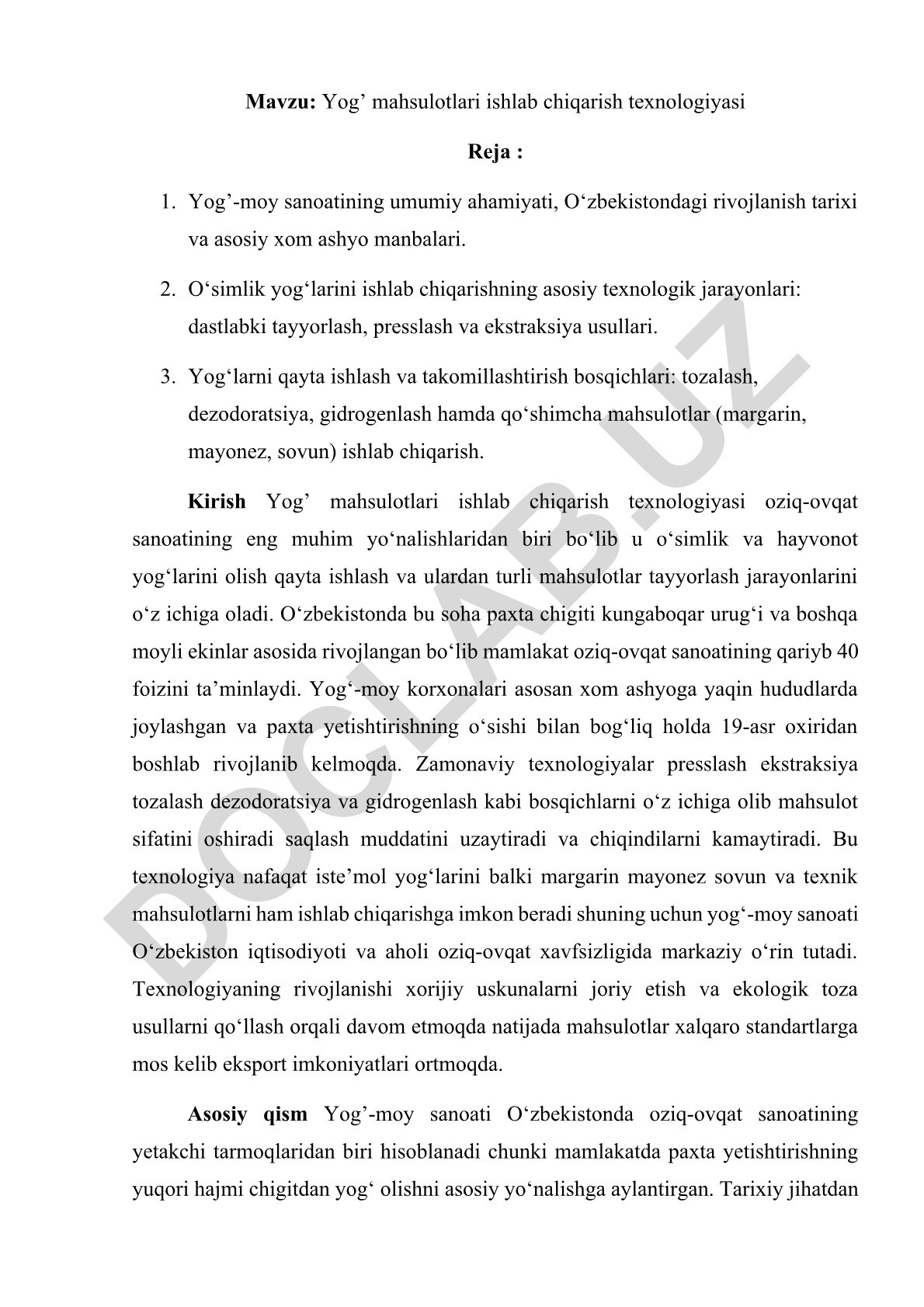 Yog’ mahsulotlari ishlab chiqarish texnologiyasi