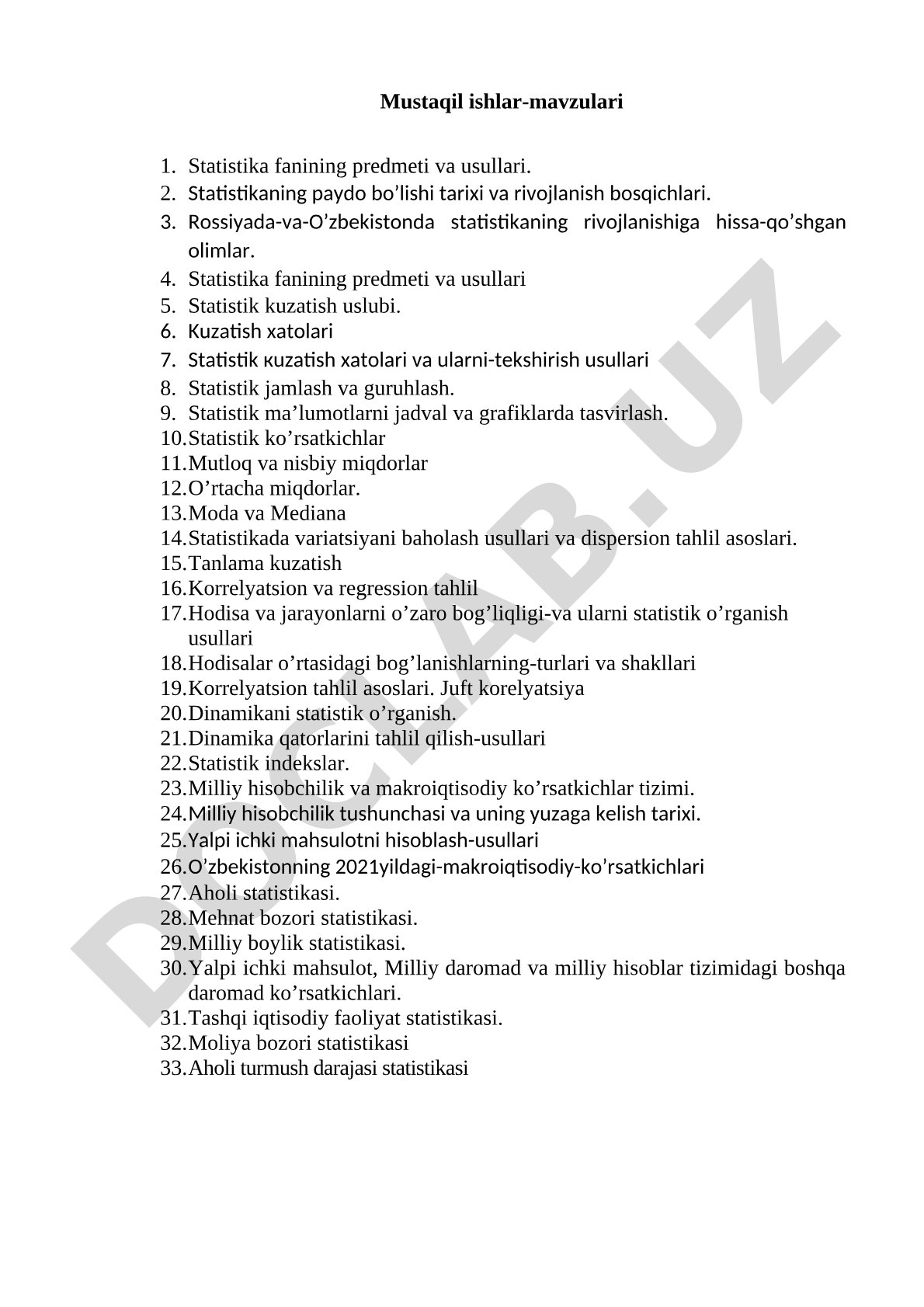 Statistika fanidan mustaqil ishlar mavzulari