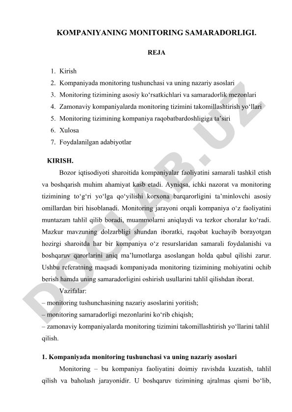 Kompaniyada monitoring tizimining samaradorligi va takomillashtirish yo‘llari