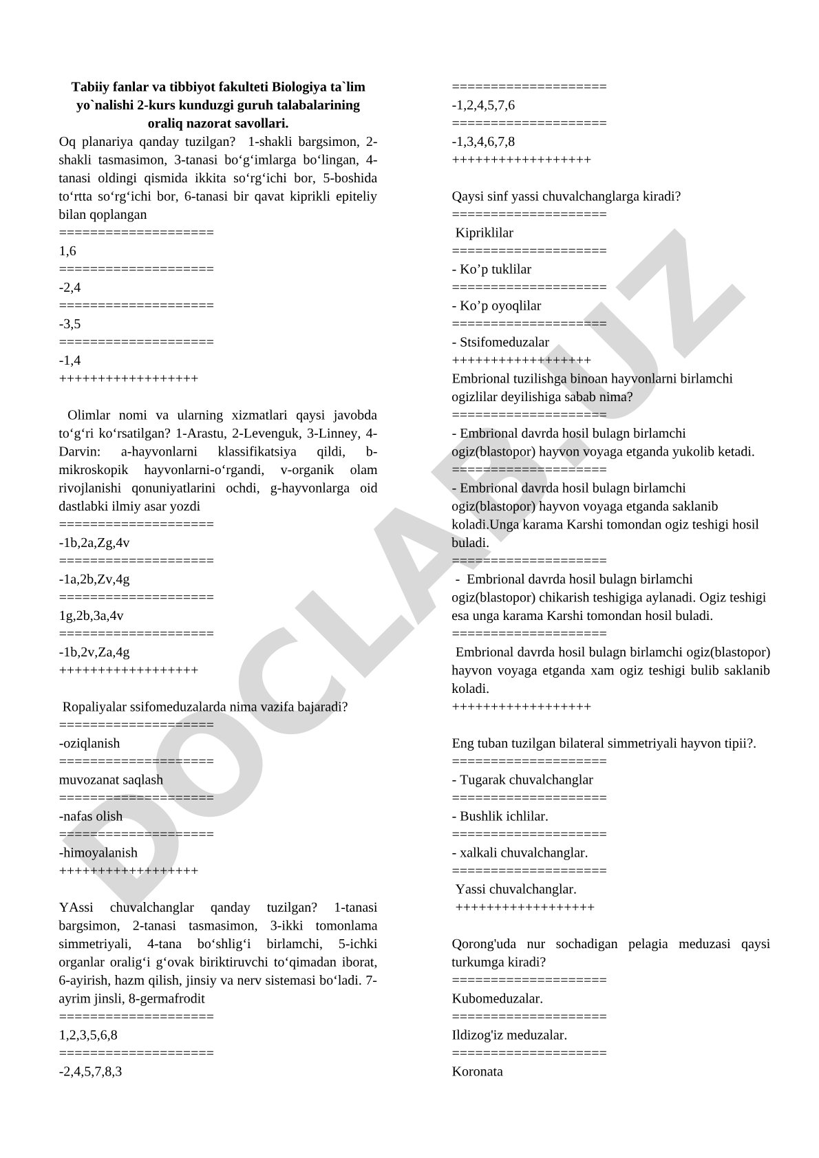 Biologiya fanidan 2-kurs oraliq nazorat savollari
