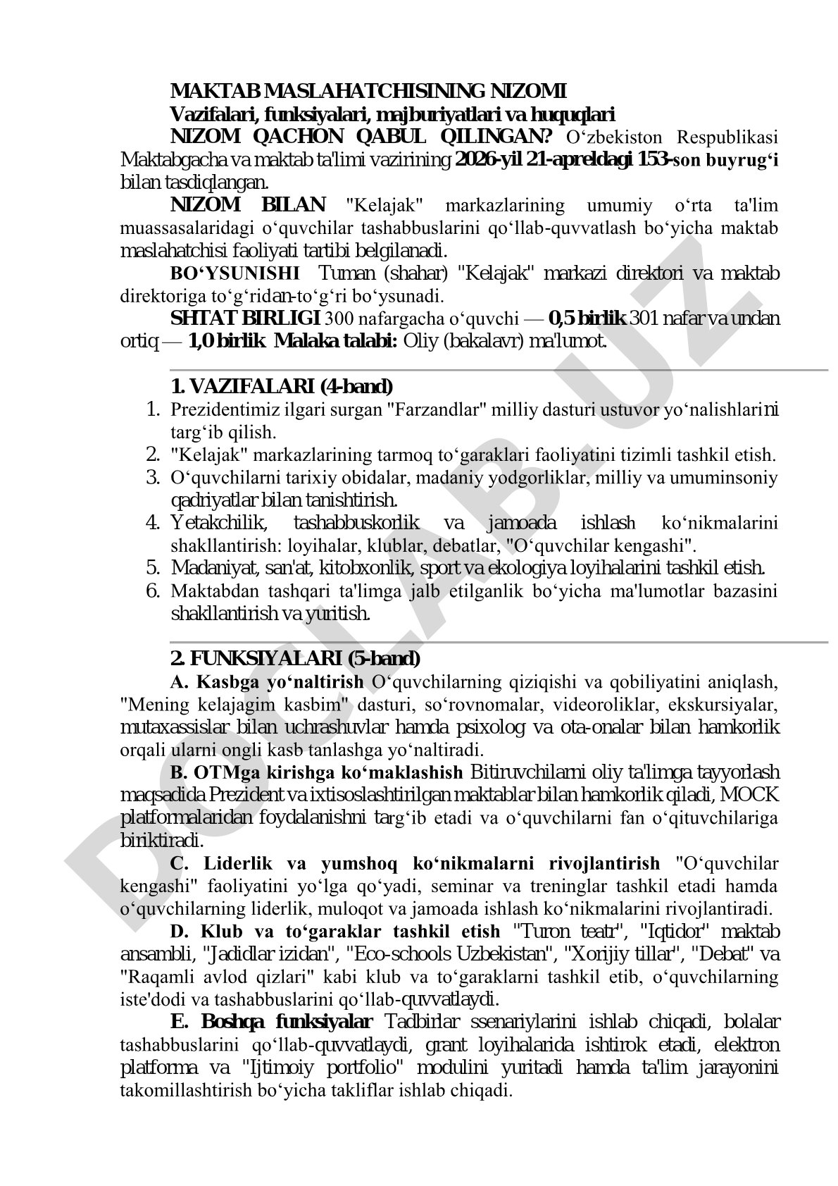 Maktab maslahatchisining nizomi vazifalari, funksiyalari, majburiyatlari va huquqlari