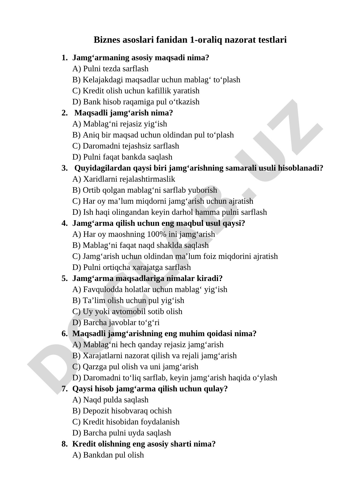 Biznes asoslari fanidan 1-oraliq nazorat testlari