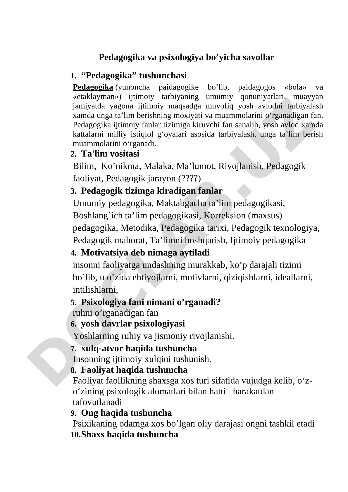 Pedagogika va psixologiya bo'yicha savollar