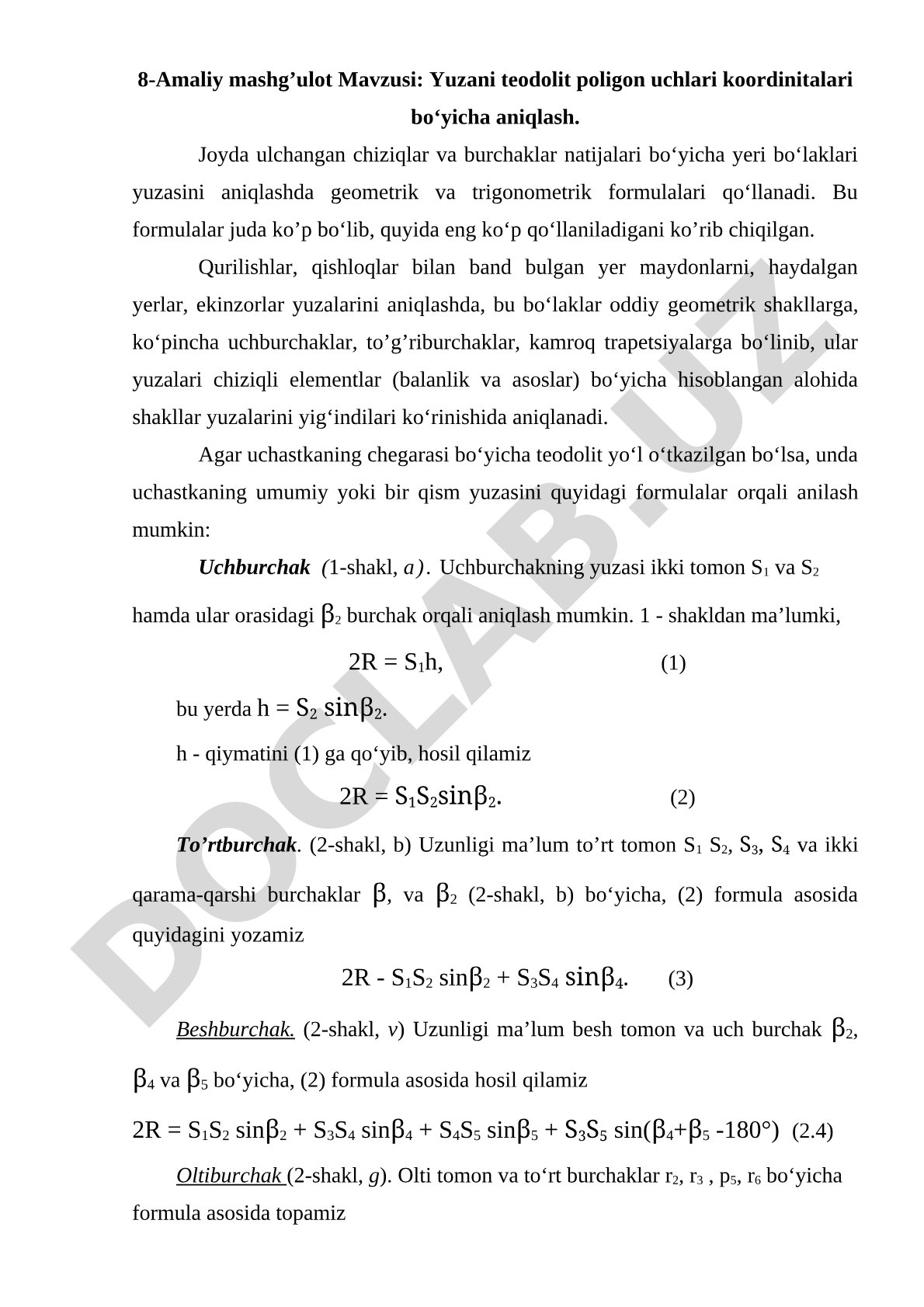 Yuzani teodolit poligon uchlari koordinatalari bo'yicha aniqlash