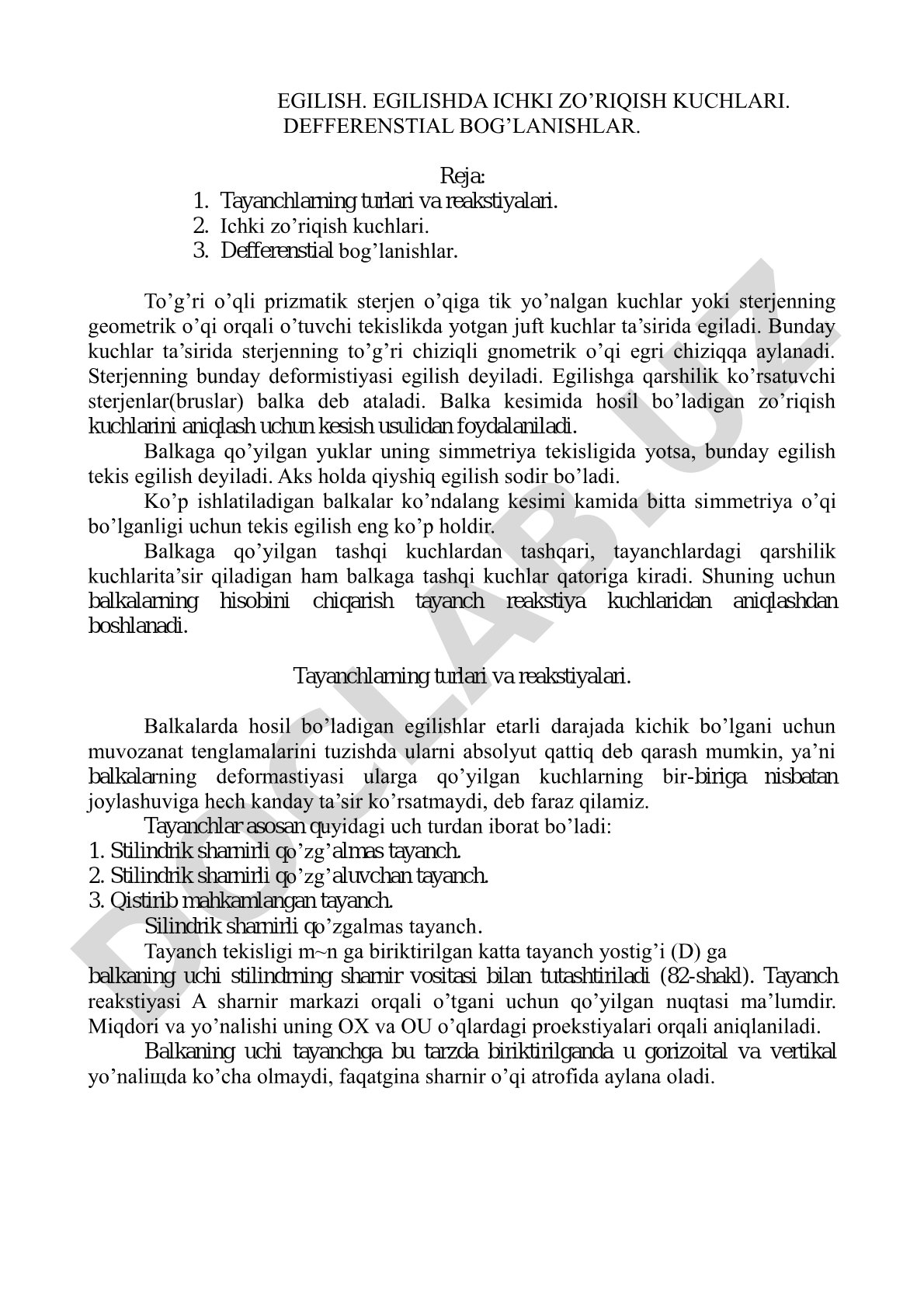 Egilish. Egilishda ichki zo'riqish kuchlari. Defferenstial bog'lanishlar