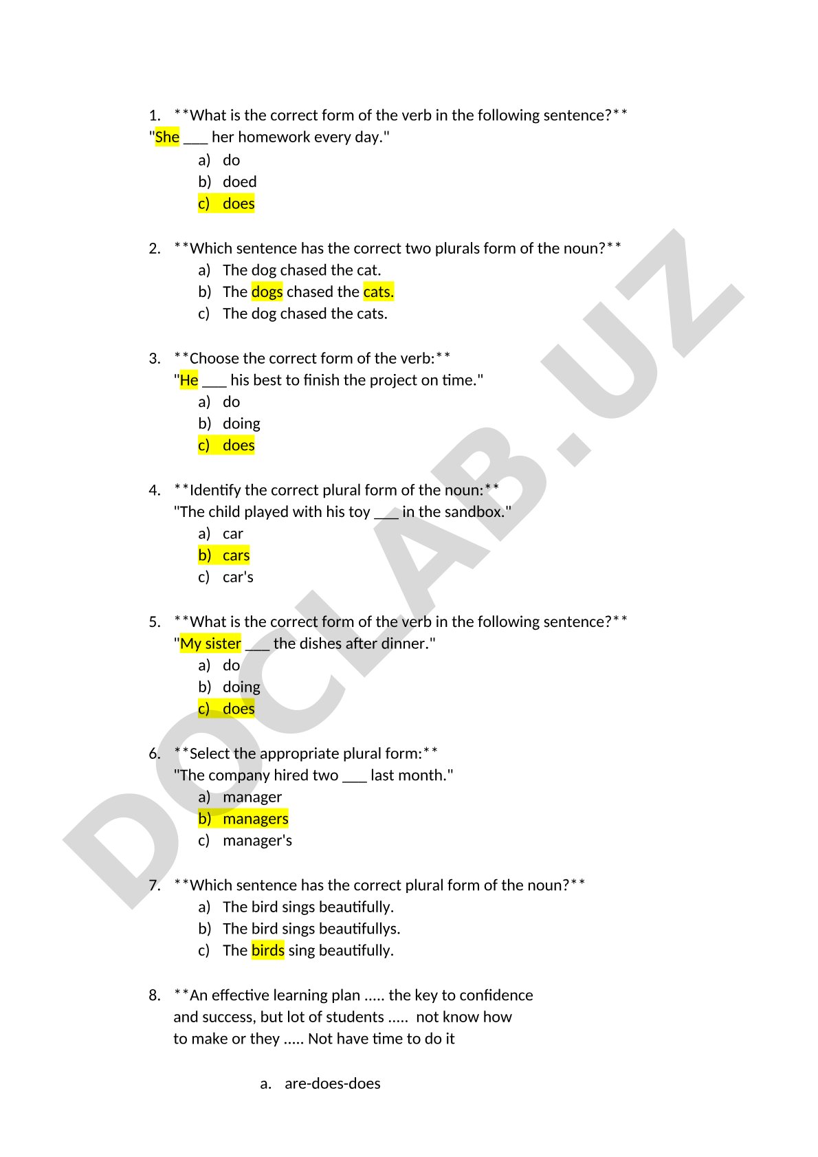 English Grammar Exercises: Verb Forms and Plural Nouns