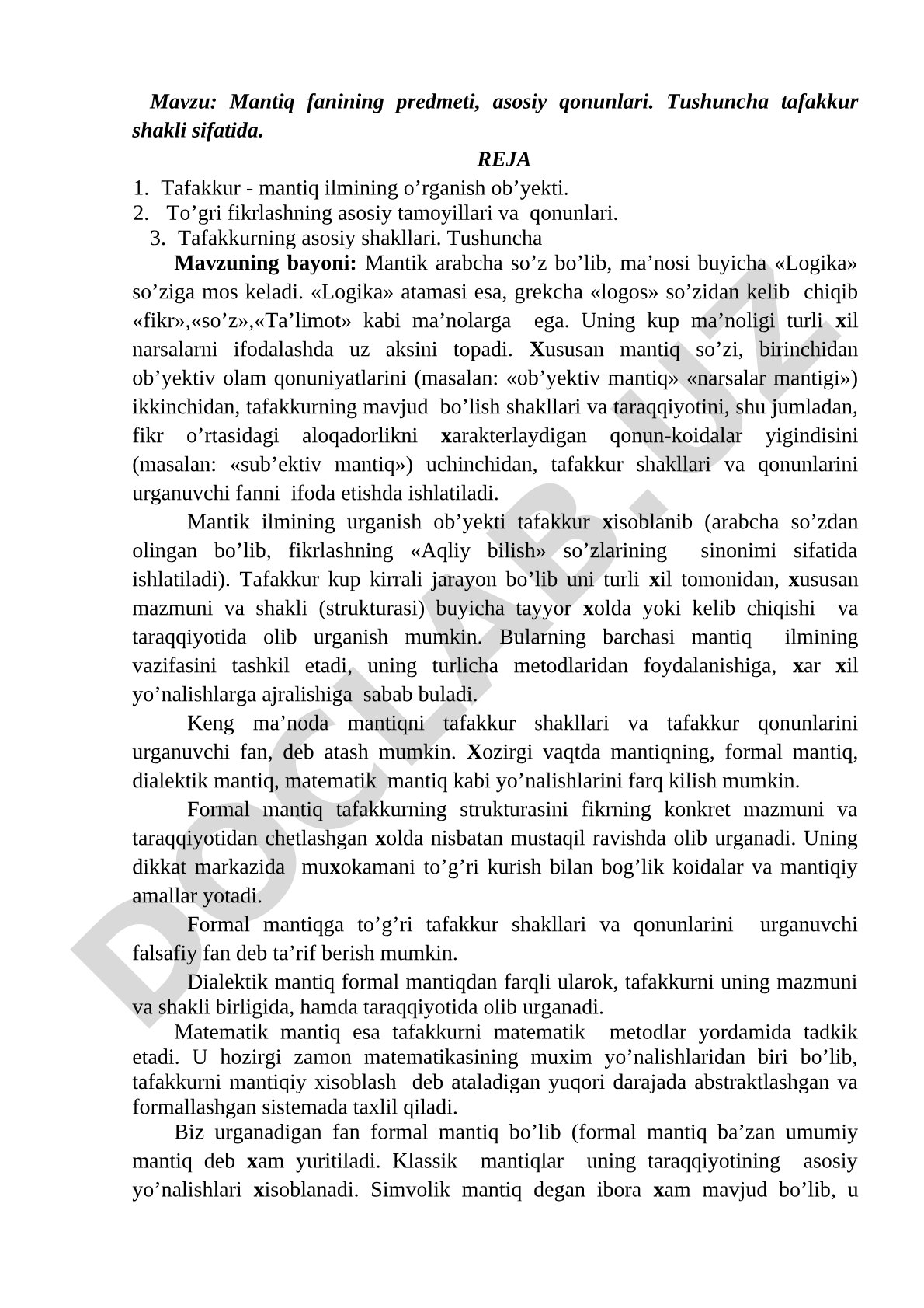 Mantiq fanining predmeti, asosiy qonunlari. Tushuncha tafakkur shakli sifatida