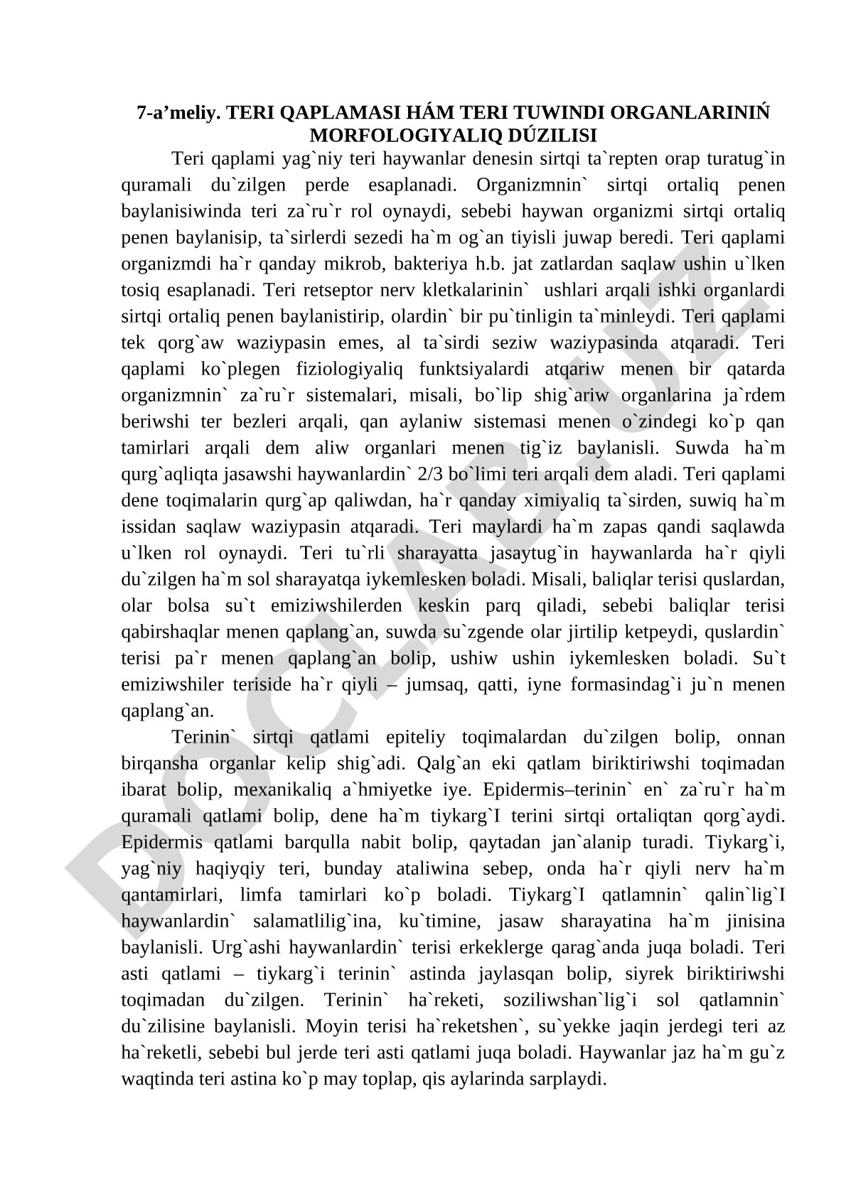 Teri qaplamasi va teri tuwindi organlarining morfologiyalik dūzilisi