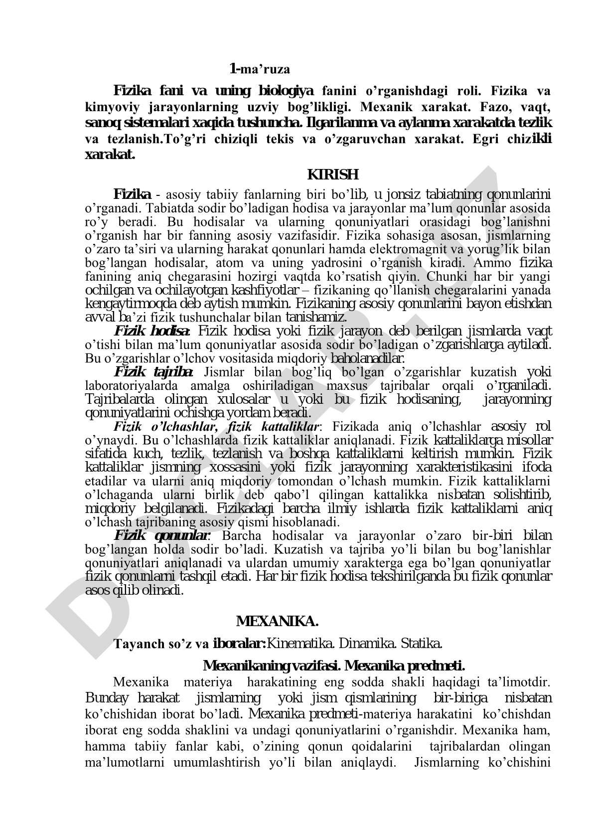 Fizika fani va uning biologiya fanini o’rganishdagi roli
