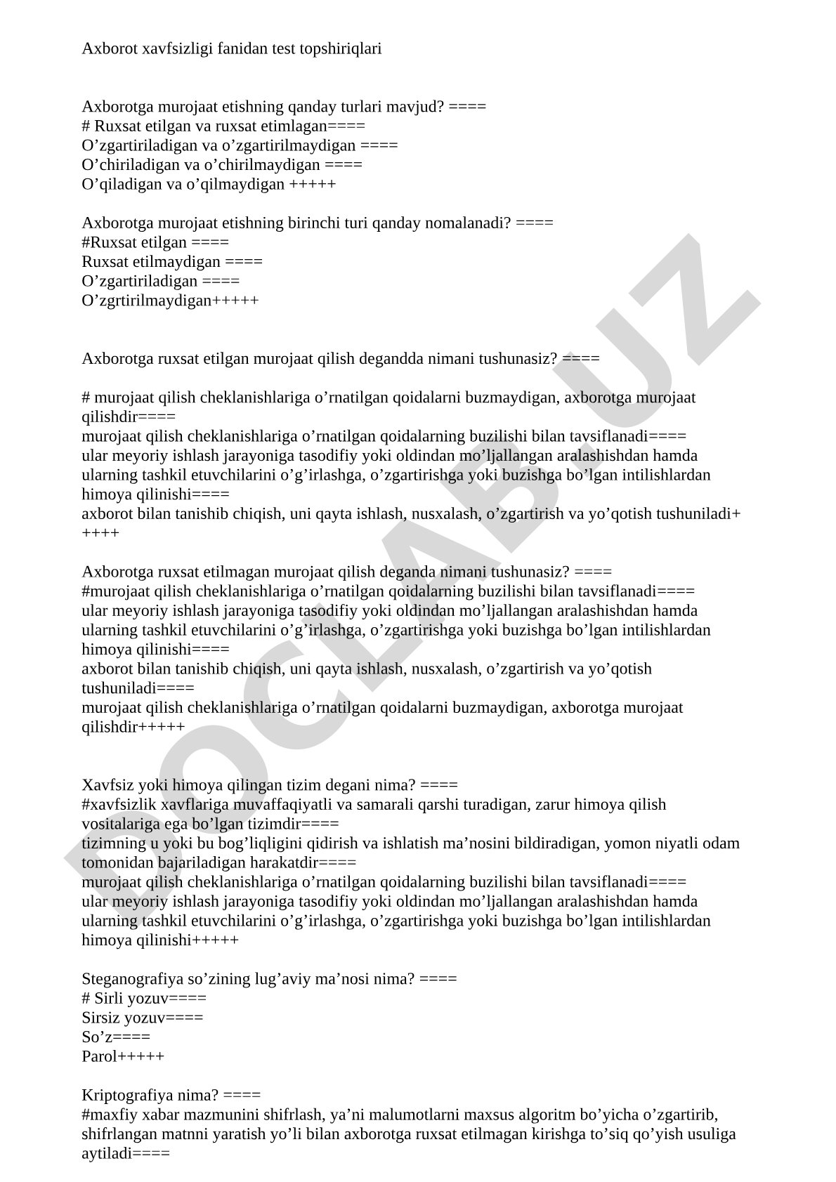 Axborot xavfsizligi fanidan test topshiriqlari