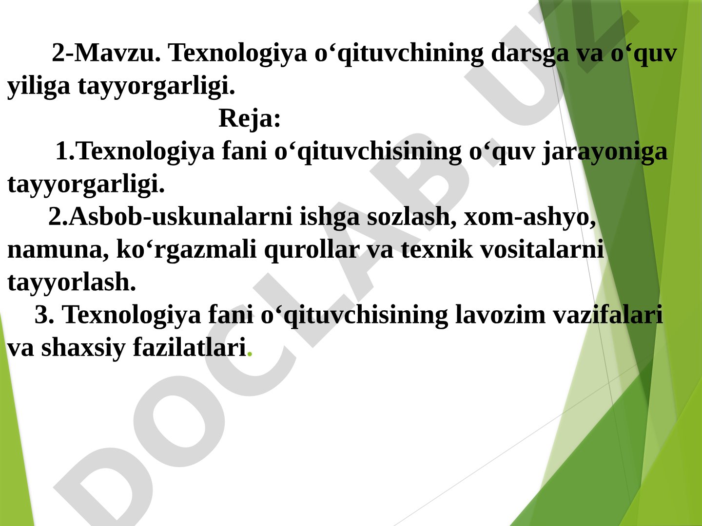 Texnologiya o‘qituvchining darsga va o‘quv yiliga tayyorgarligi