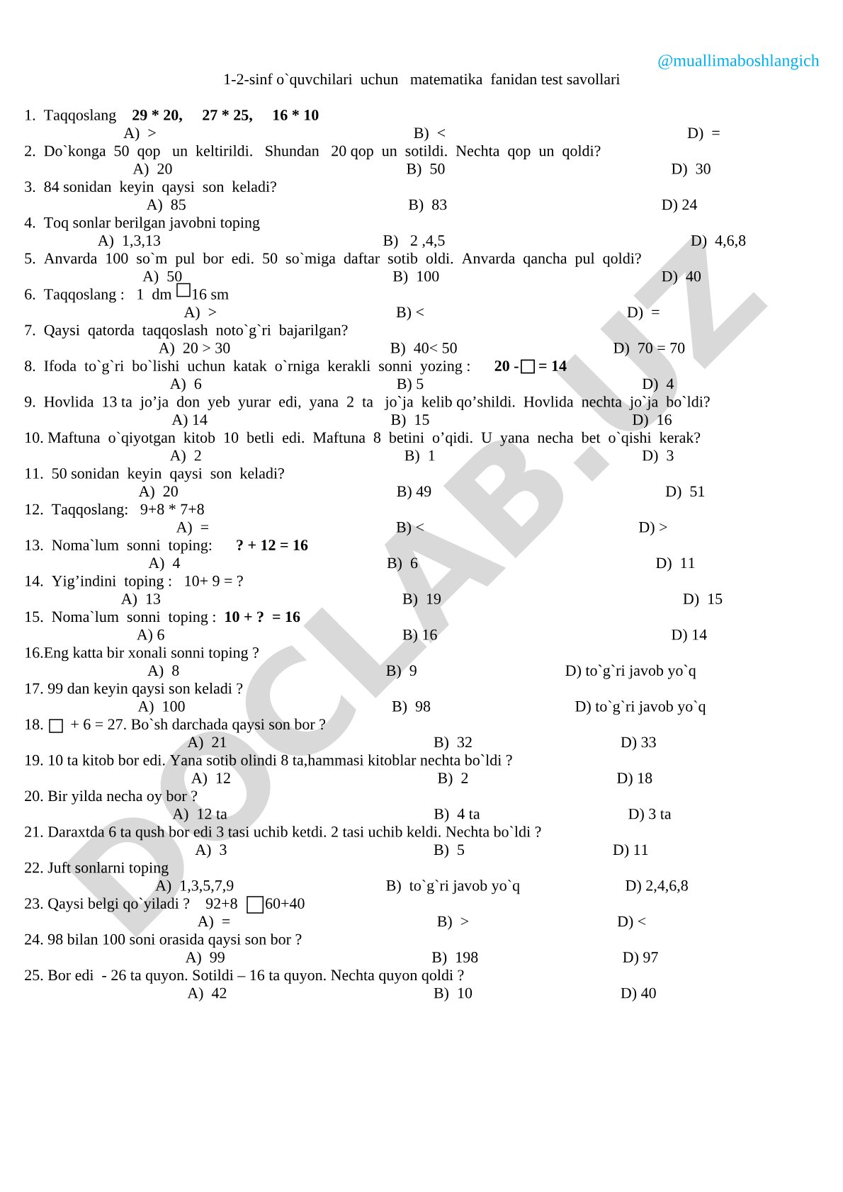1-2-sinf o'quvchilari uchun matematika fanidan test savollari