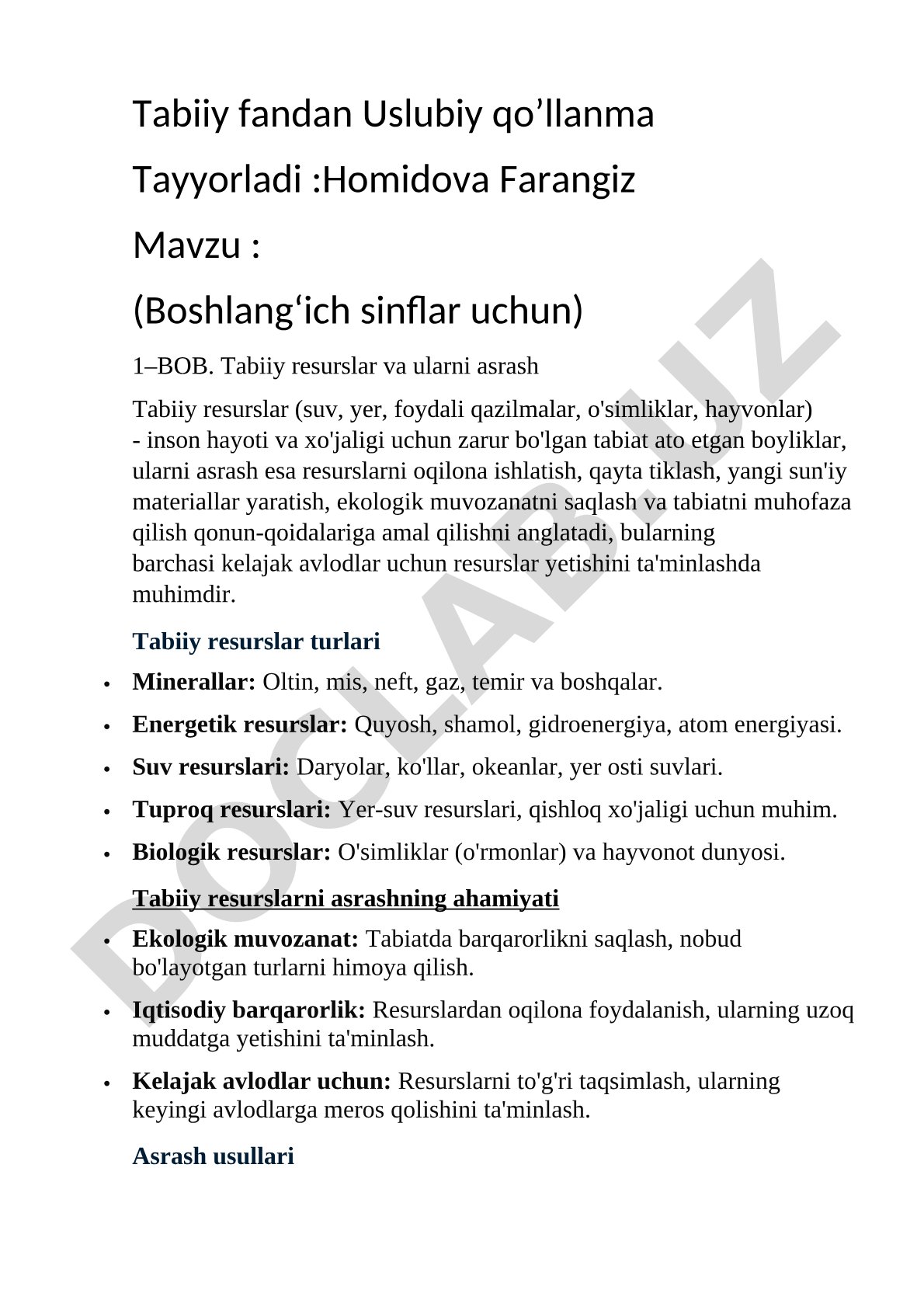 Tabiiy resurslar va ularni asrash