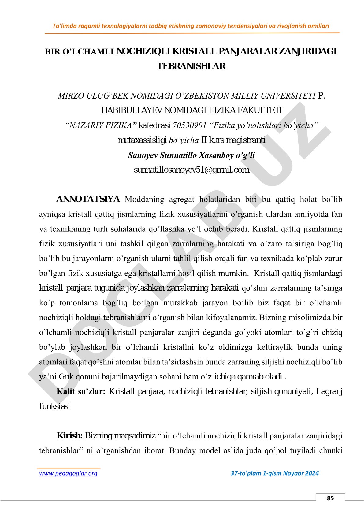 Bir o'lchamli nochiziqli kristall panjaralar zanjiridagi tebranishlar