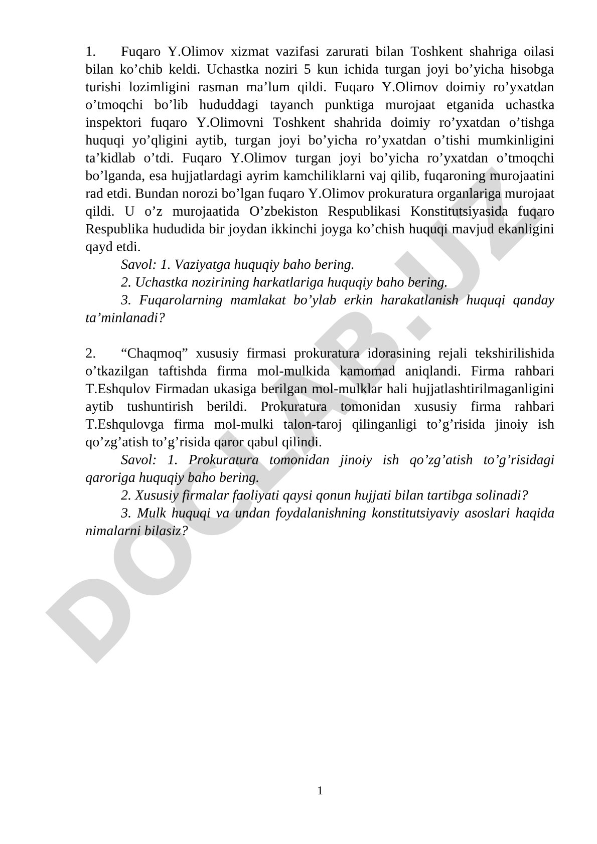 Fuqarolarni ro'yxatga olish va firma mol-mulkidagi kamomad masalalari
