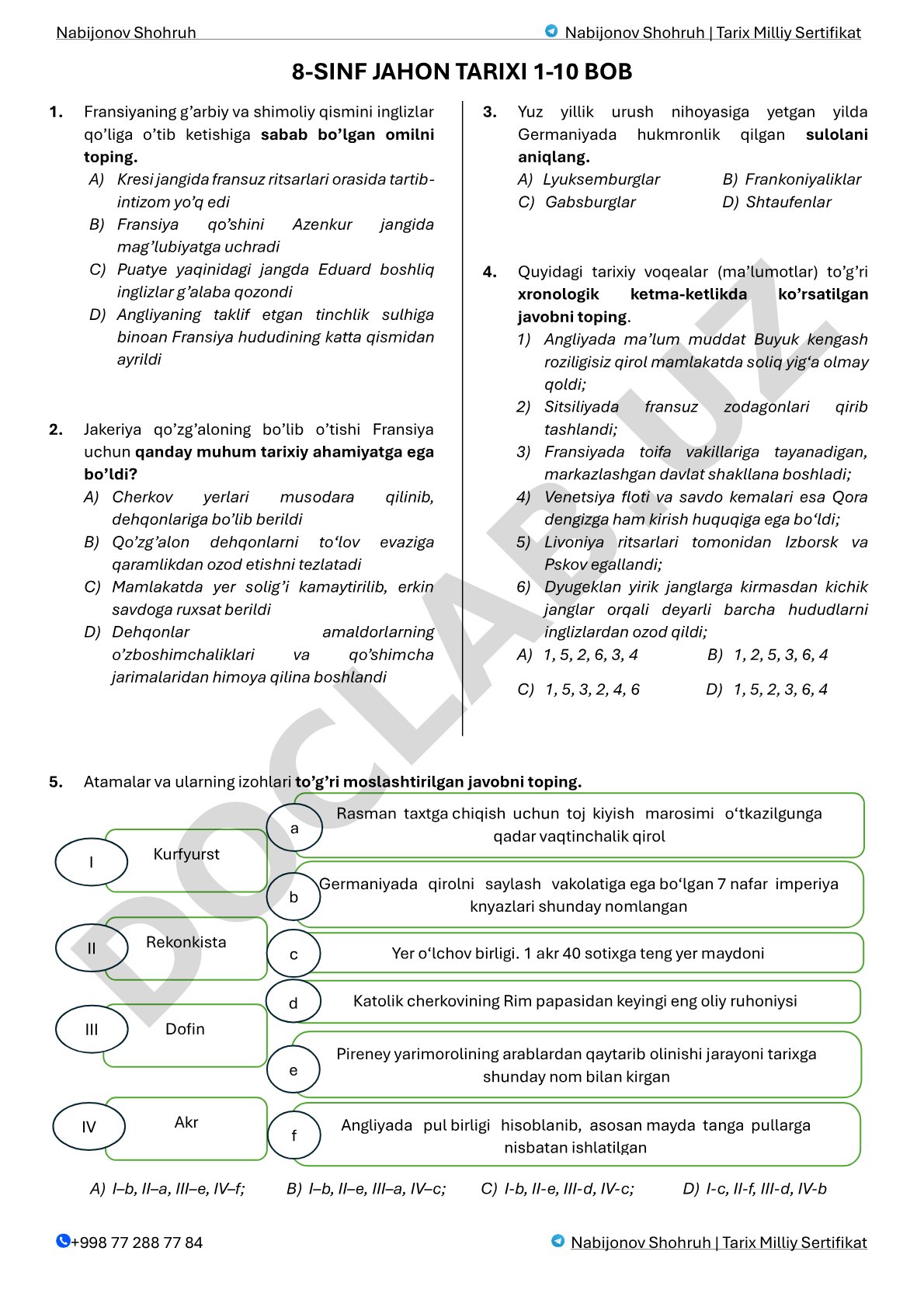 8-sinf Jahon tarixi test savollari (1-10 bob)