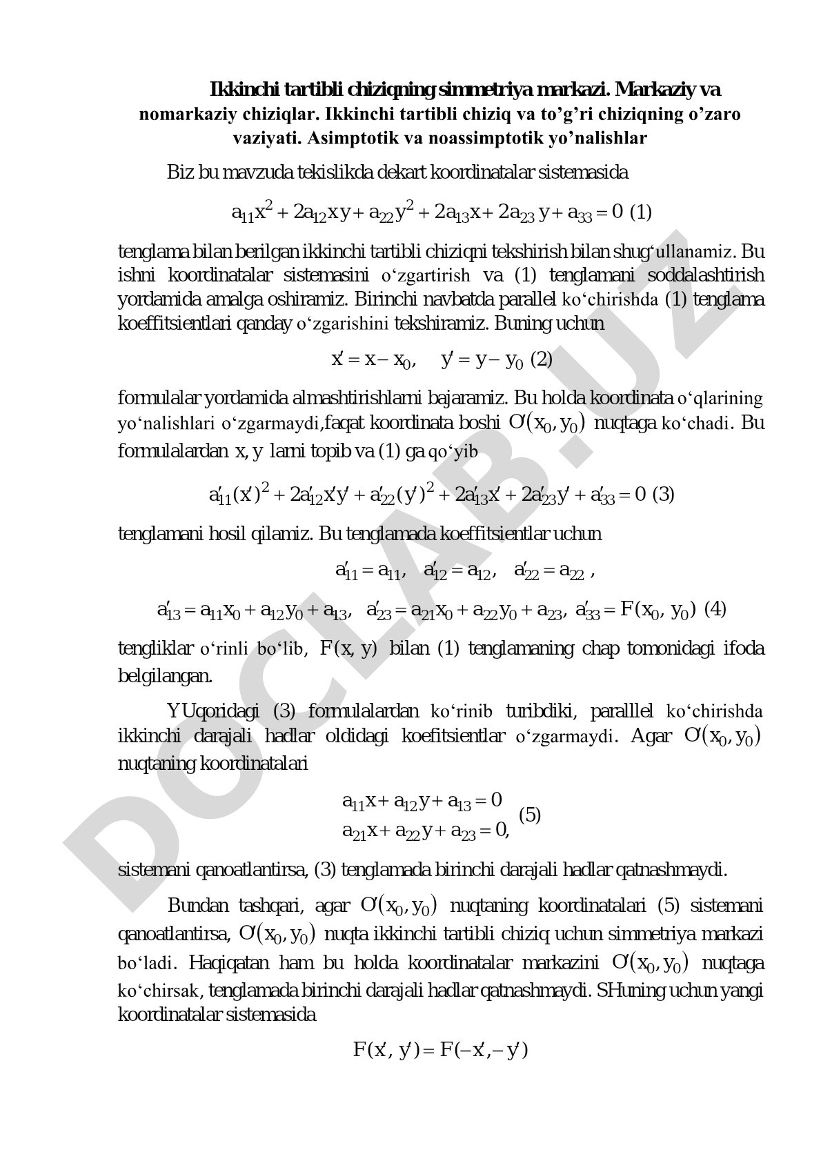 Ikkinchi tartibli chiziqning simmetriya markazi va asimptotik yo'nalishlar