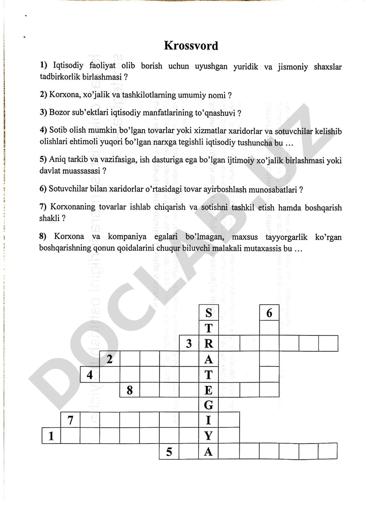 Iqtisodiy atamalar krossvordi