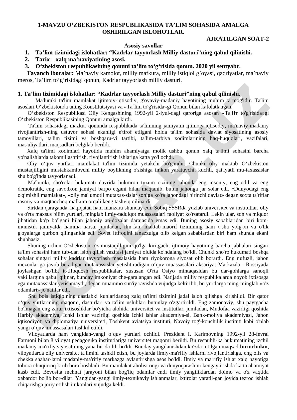 O‘zbekiston Respublikasida ta’lim sohasida amalga oshirilgan islohotlar