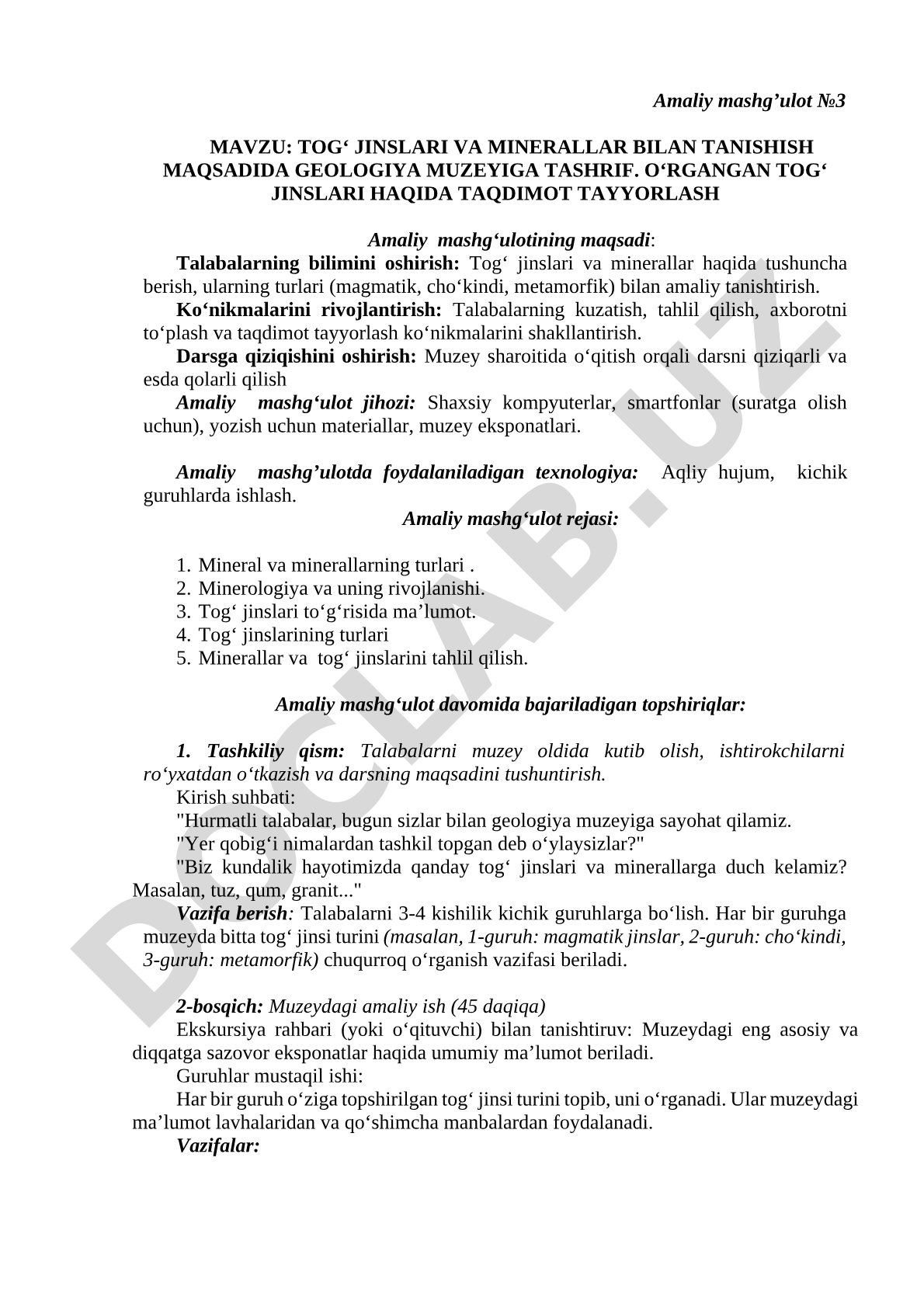 Tog' jinslari va minerallar bilan tanishish maqsadida geologiya muzeyiga tashrif