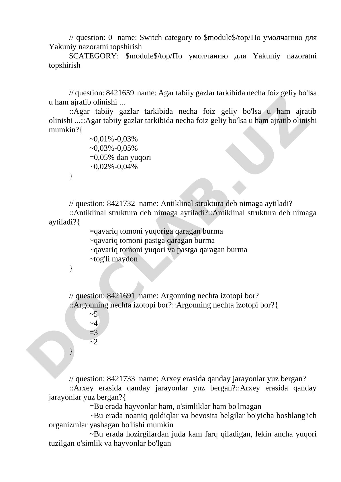 Tabiiy gazlar tarkibidagi geliy va antiklinal struktura haqida test savollari