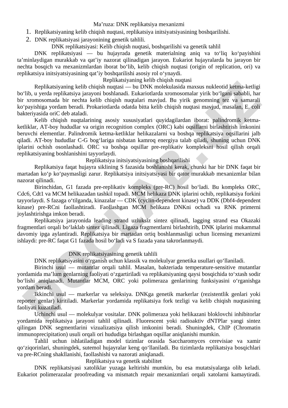 DNK replikatsiyasi: Kelib chiqish nuqtasi, boshqarilishi va genetik tahlil