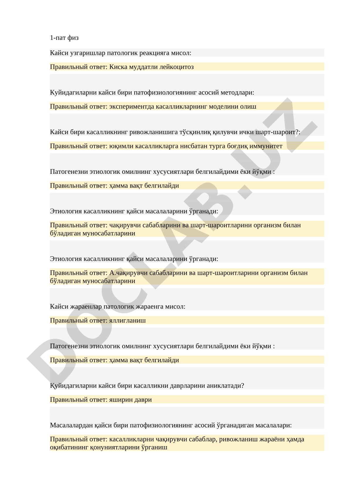 Patofiziologiya fanidan test savollari
