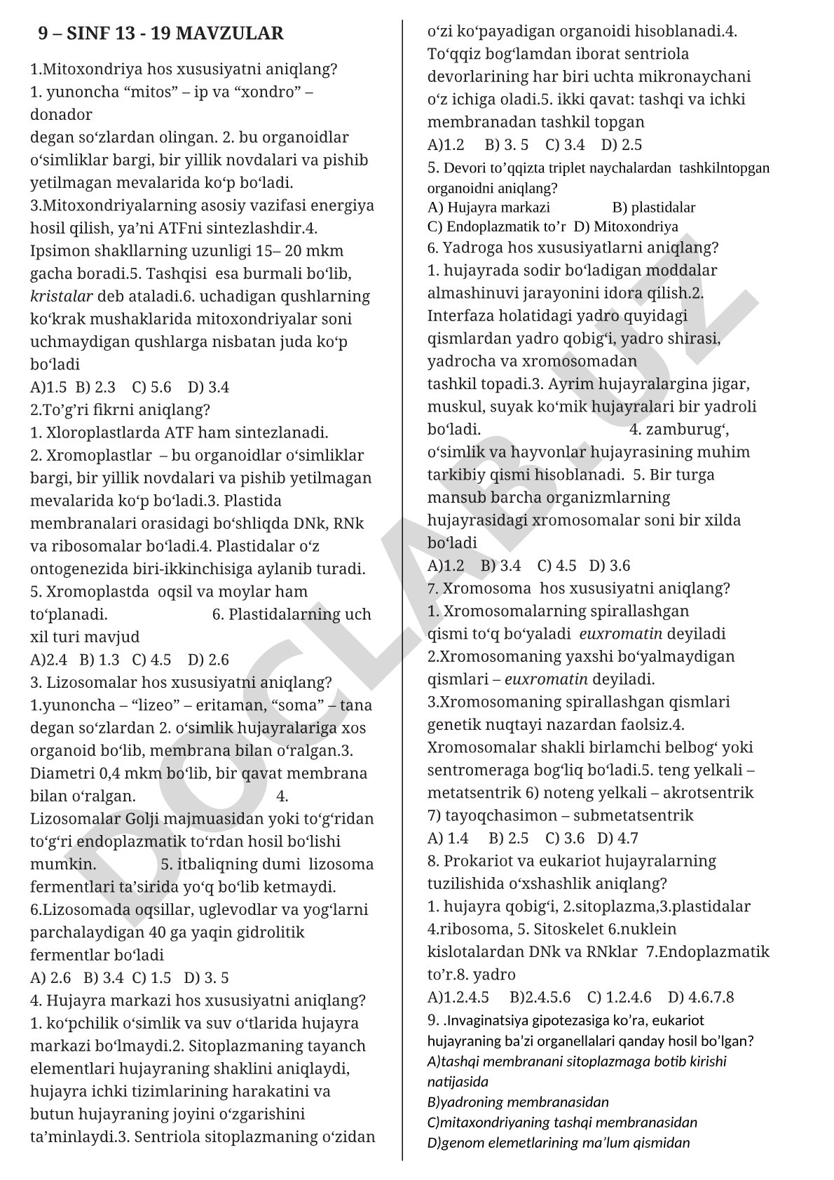 Hujayra organoidlari bo'yicha test savollari