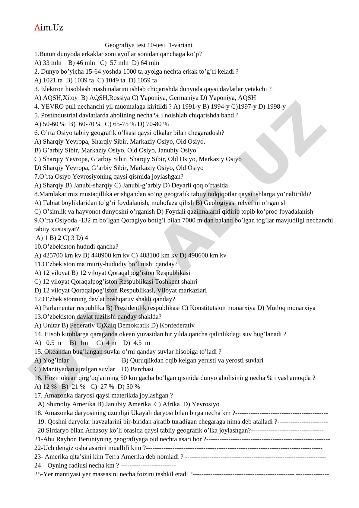 Geografiya test 10-sinf 1-variant