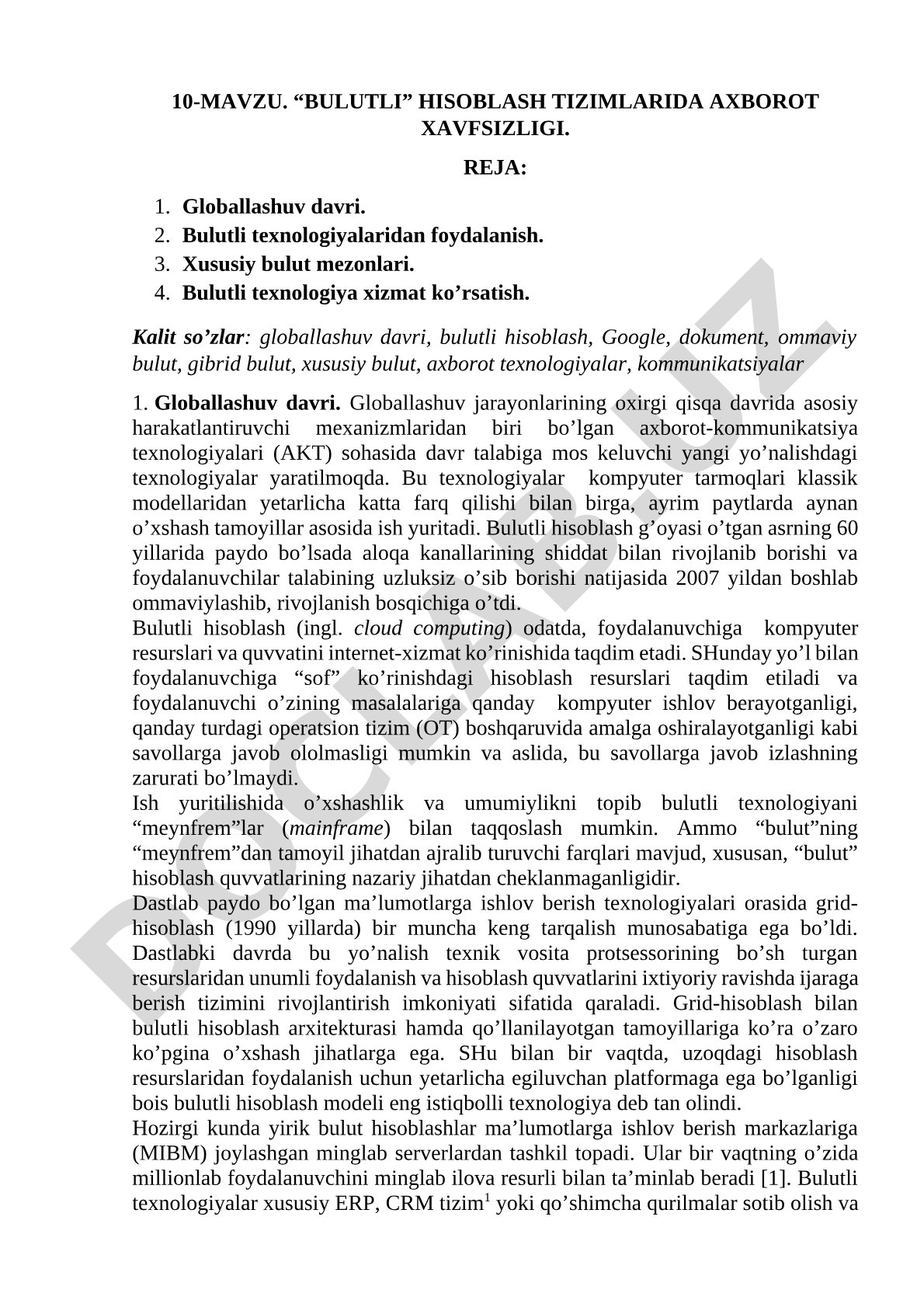 “Bulutli” hisoblash tizimlarida axborot xavfsizligi