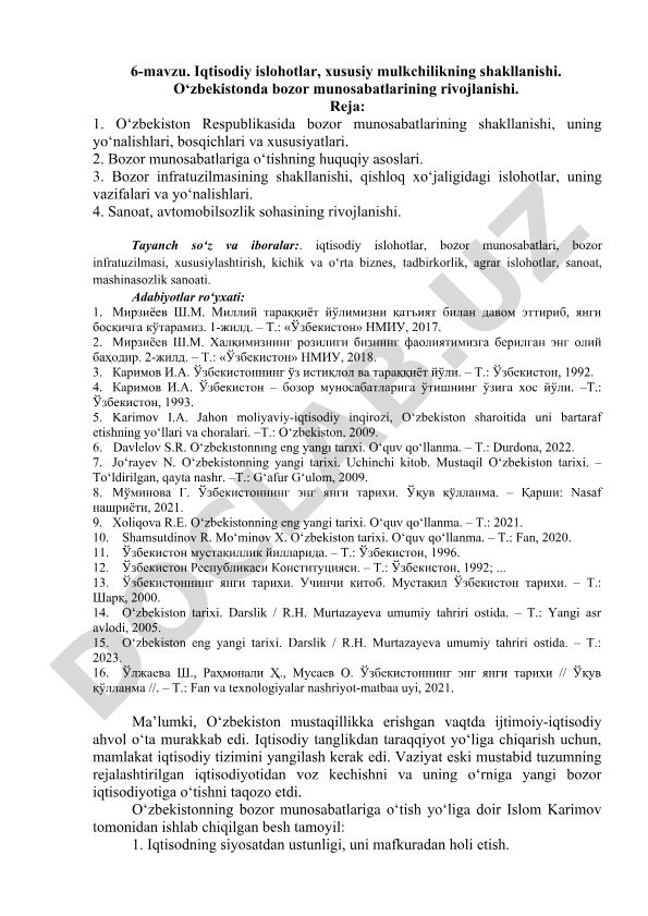 O‘zbekistonda bozor munosabatlarining rivojlanishi va iqtisodiy islohotlar