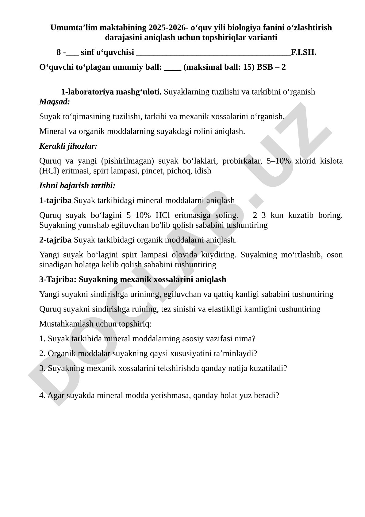 Suyaklarning tuzilishi va tarkibini o'rganish
