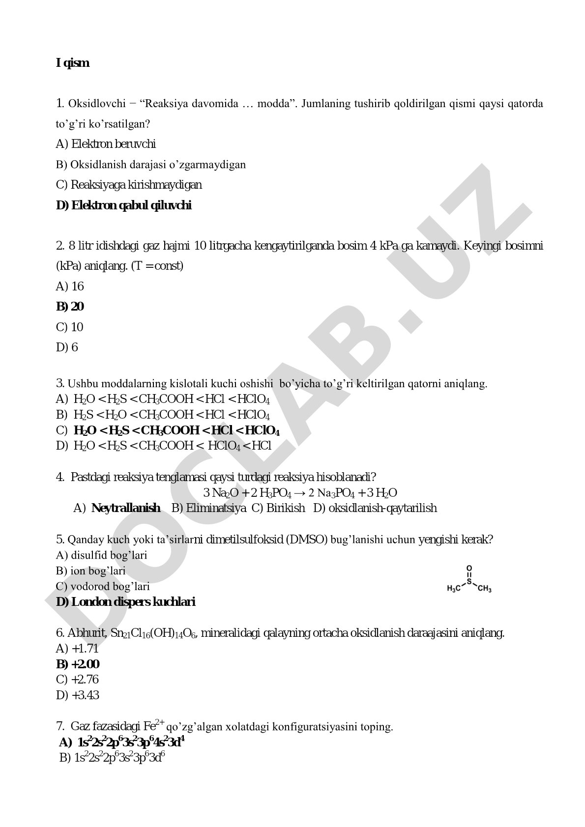 Kimyo fanidan test savollari