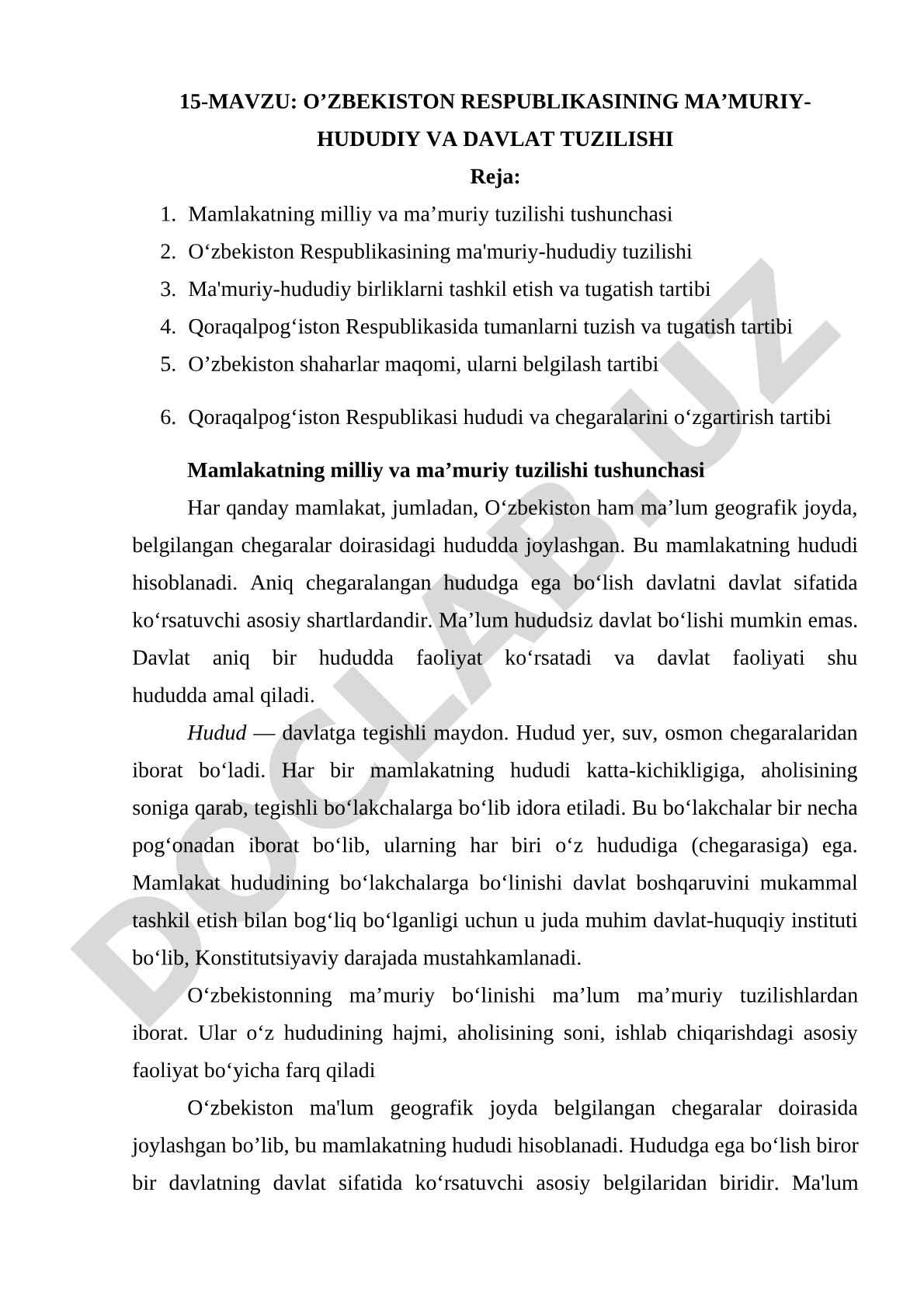 O’ZBEKISTON RESPUBLIKASINING MA’MURIY-HUDUDIY VA DAVLAT TUZILISHI