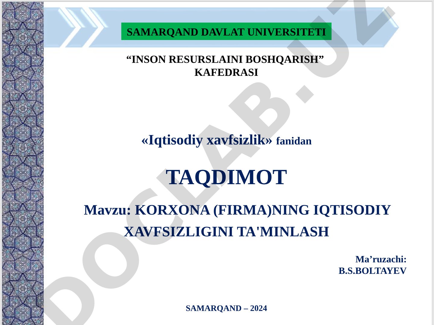 Korxona (firma)ning iqtisodiy xavfsizligini ta'minlash