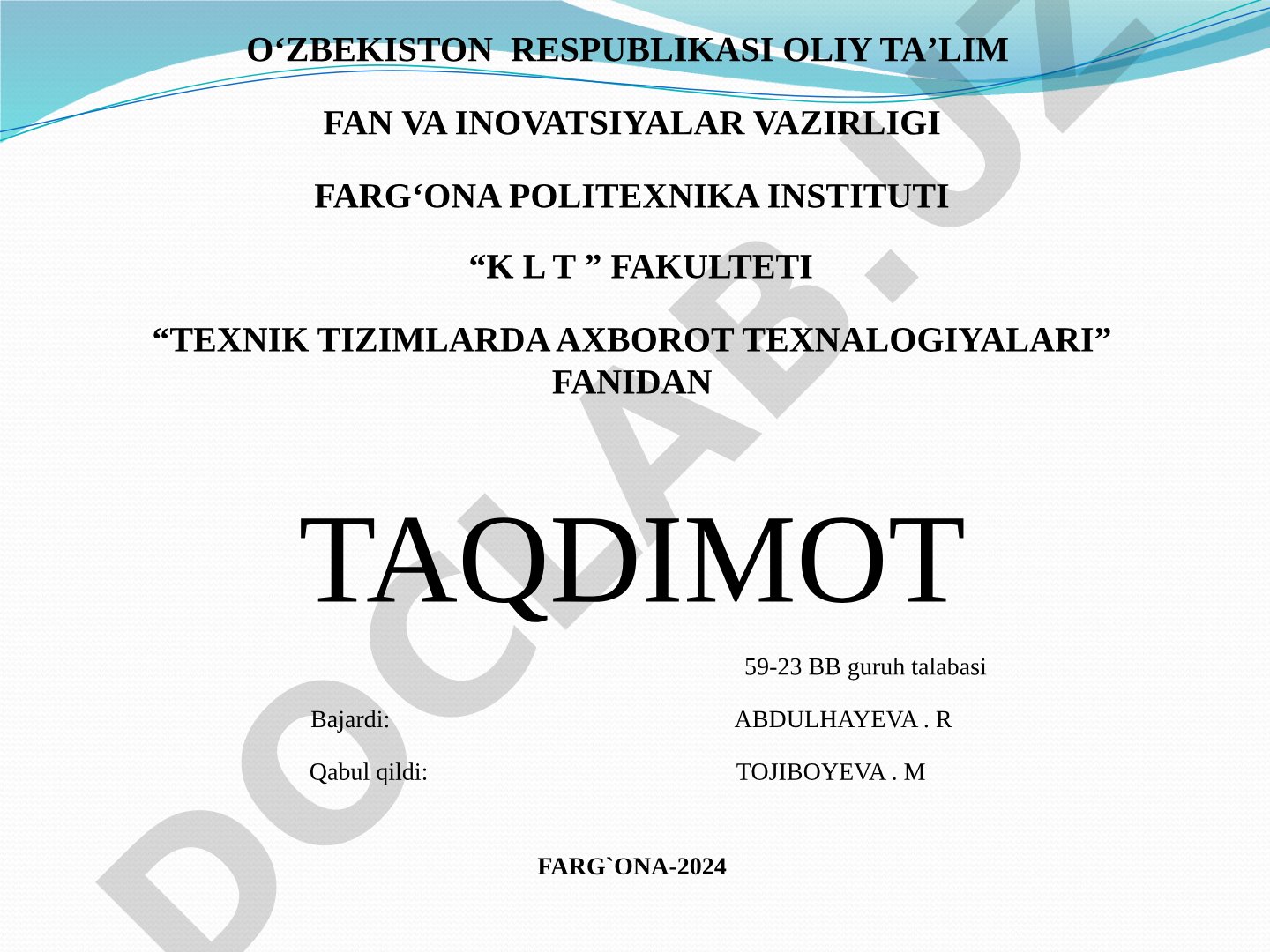 MA'LUMOT OMBORI, UNI TASHKIL ETISH, MICROSOFT ACCESSNI ISHLATISH TEXNOLOGIYALARI Reja: Ma'lumotlar o