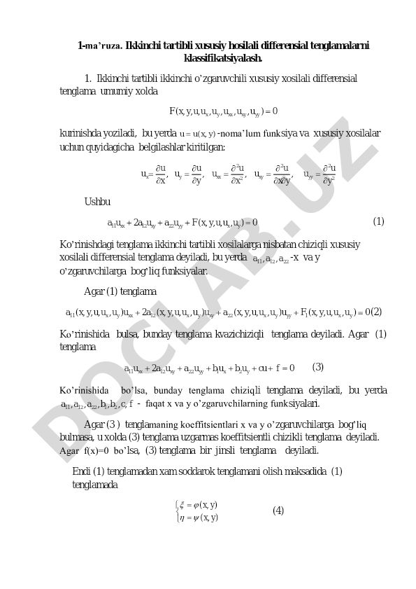 Ikkinchi tartibli xususiy hosilali differensial tenglamalarni klassifikatsiyalash