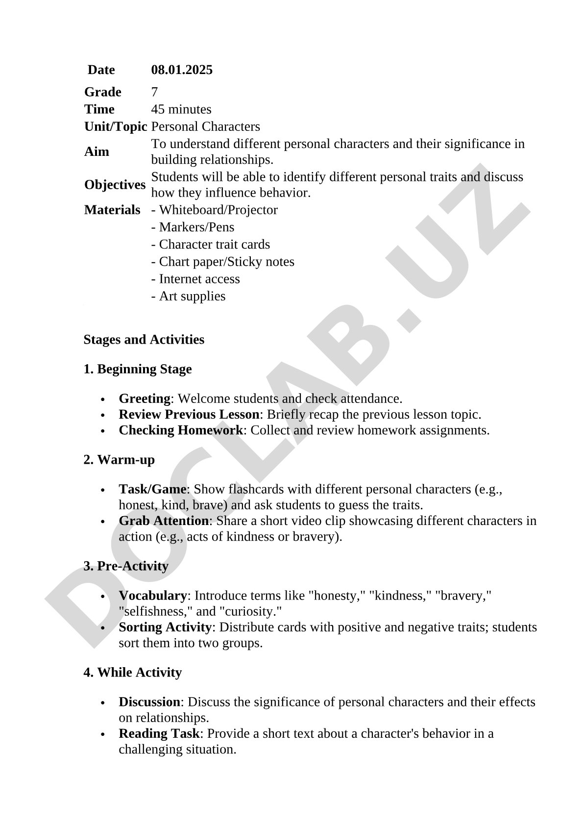 Lesson plan for Grade 7: personal characters and their role in relationships